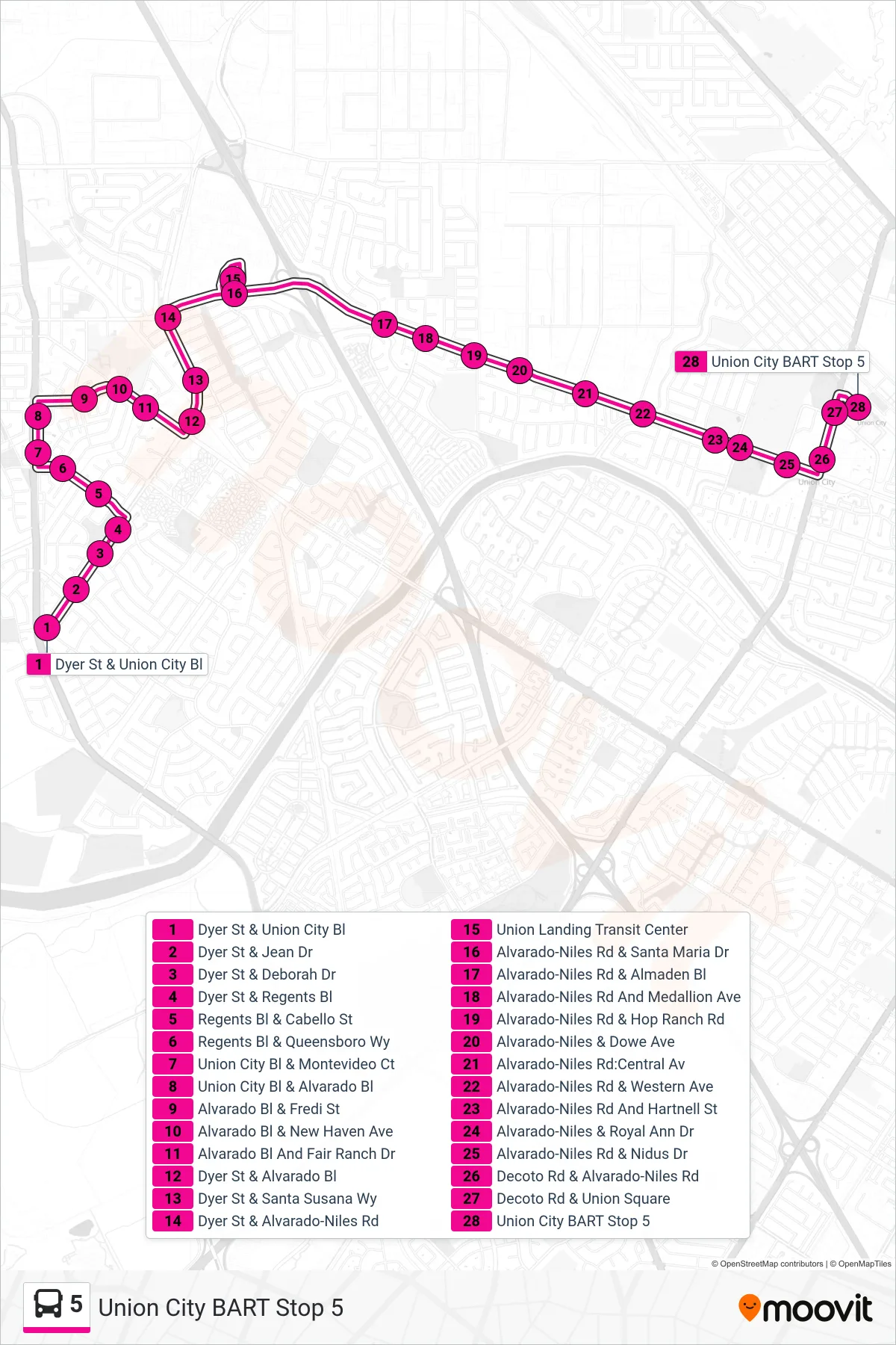 5 bus Line (Union City BART Stop 5) route and stops on a map