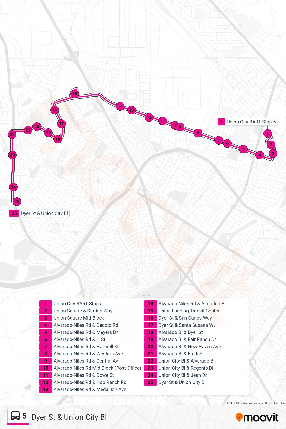 5 bus Line (Dyer St & Union City Bl) route and stops on a map