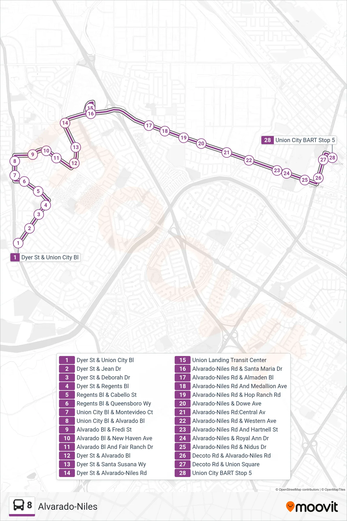 8 bus Line (Union City BART Stop 5) route and stops on a map
