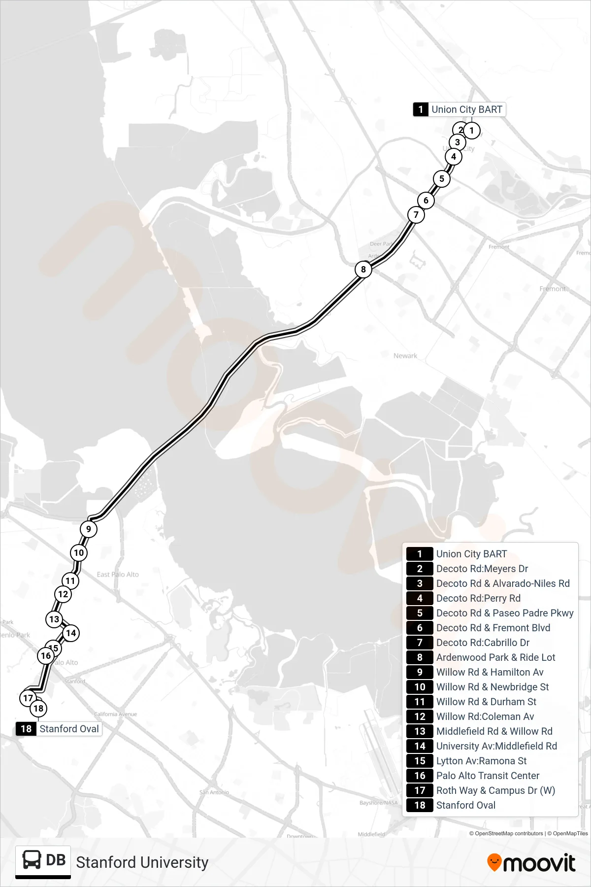 DB bus Line (Stanford University) route and stops on a map