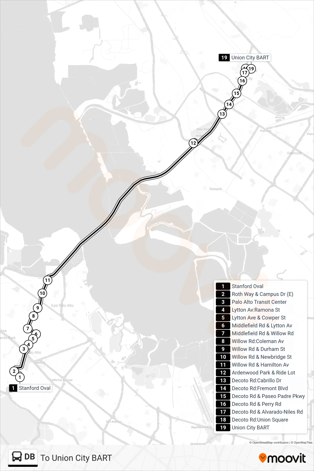 DB bus Line (To Union City BART) route and stops on a map