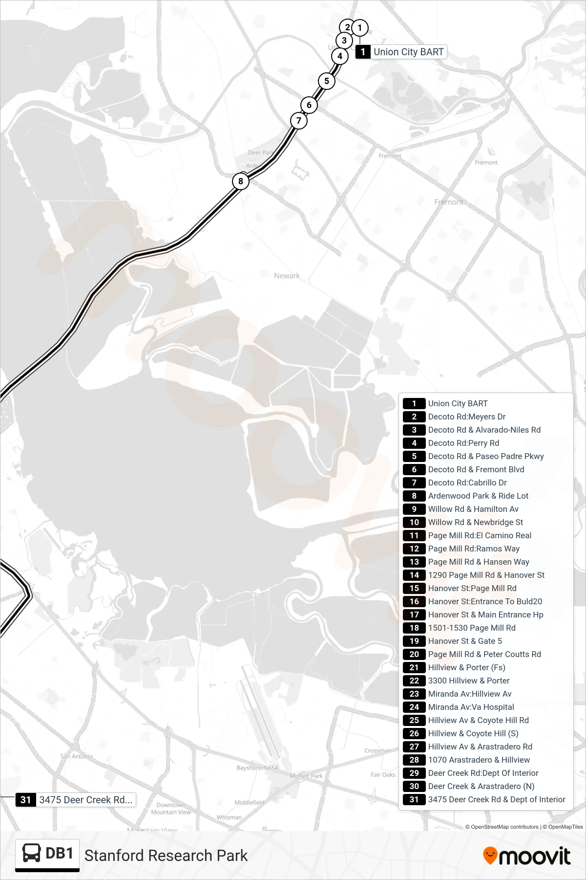 DB1 bus Line (Stanford Research Park) route and stops on a map