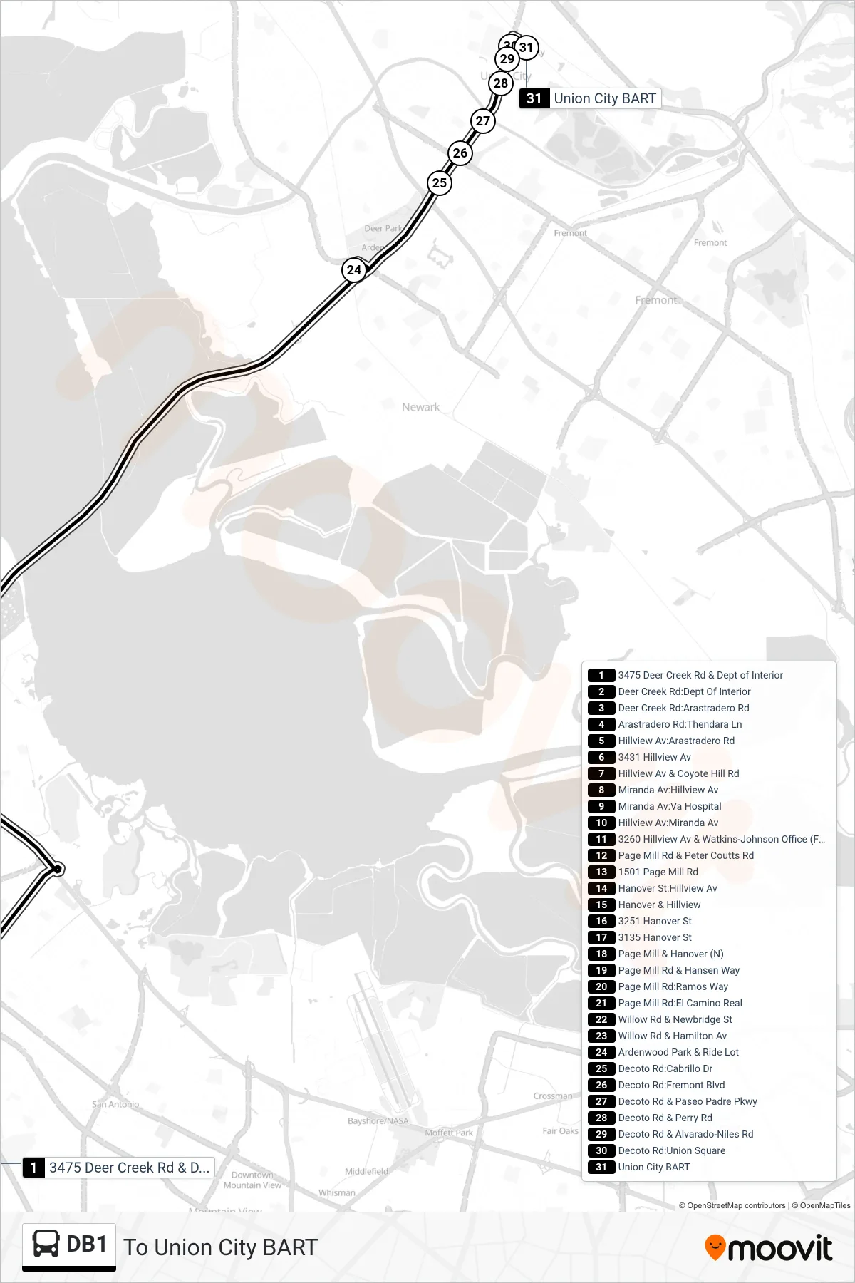 DB1 bus Line (To Union City BART) route and stops on a map