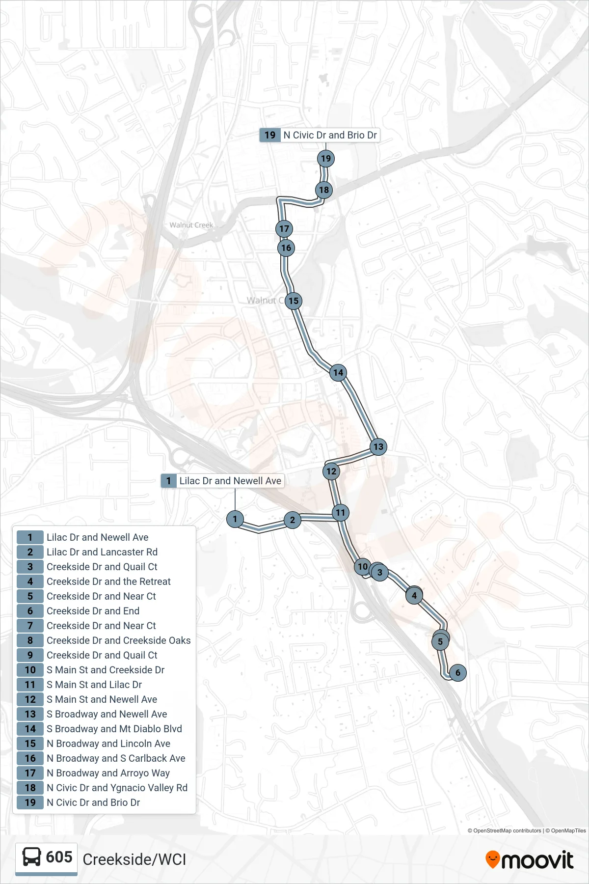605 bus Line (Walnut Creek Intermediate via Creekside) route and stops on a map