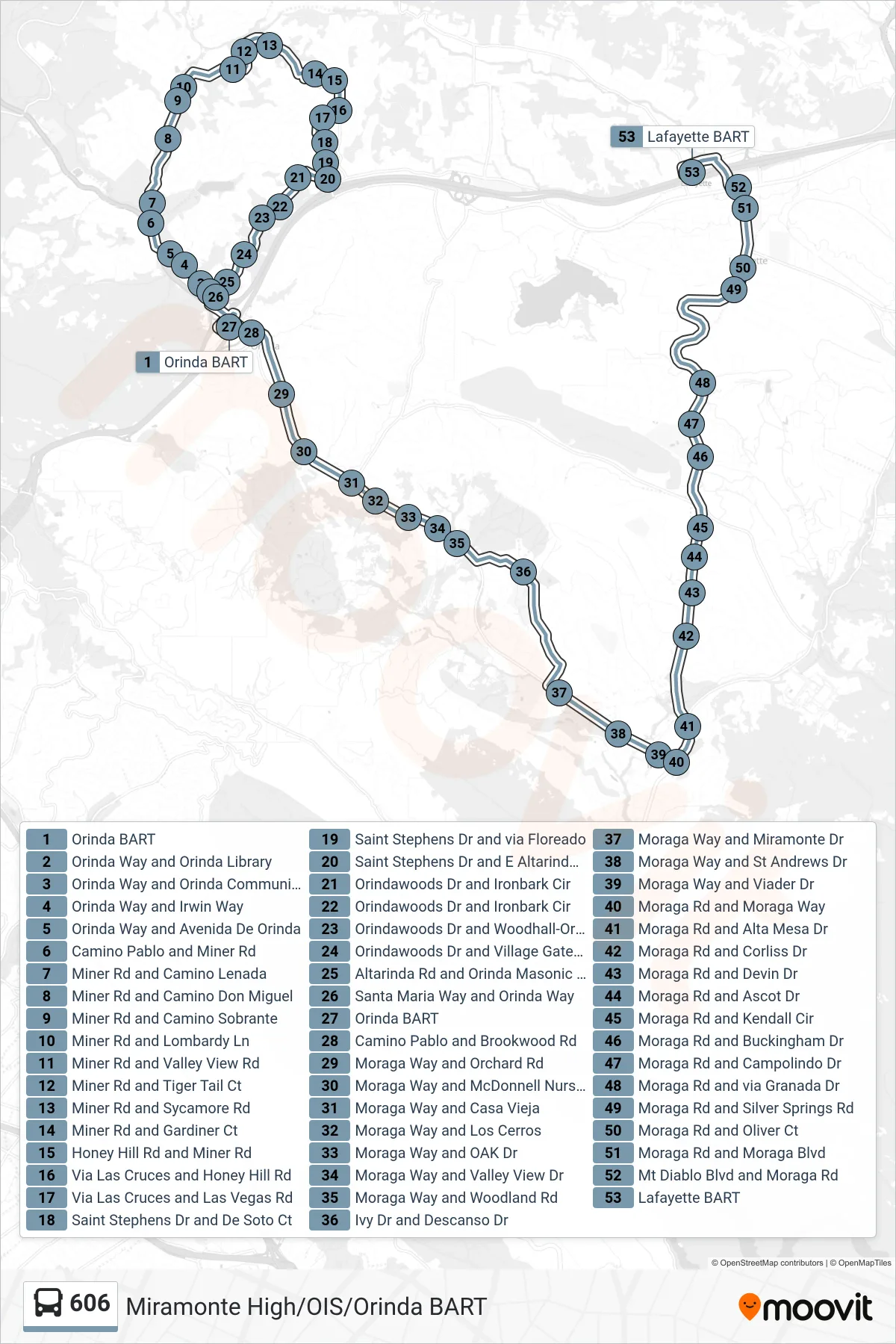 606 bus Line (Orinda Intermediate) route and stops on a map