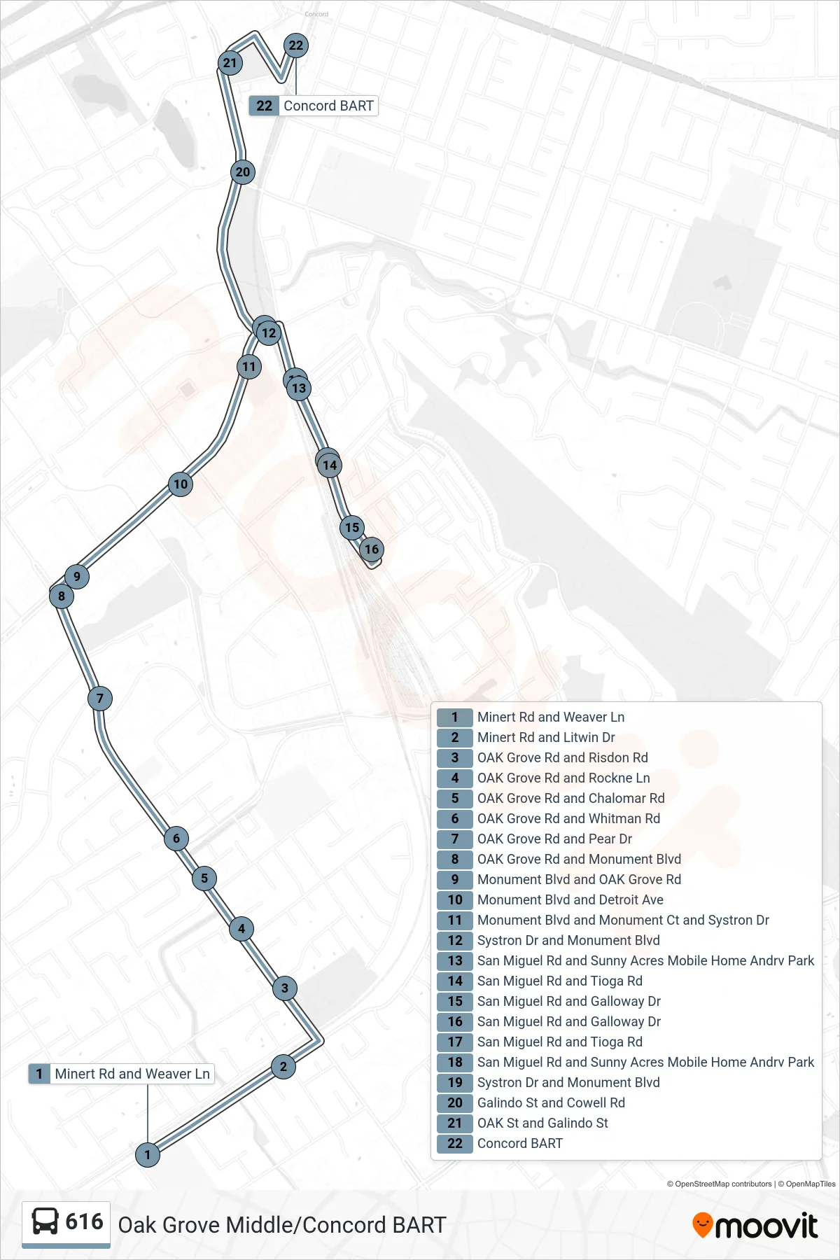 616 bus Line (Concord BART via San Miguel Road) route and stops on a map