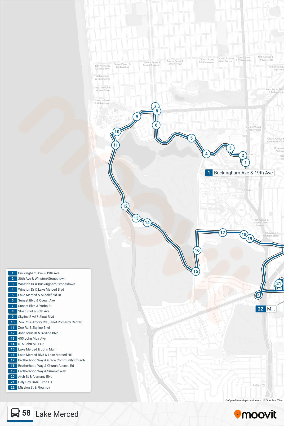 58 bus Line (Daly City BART) route and stops on a map