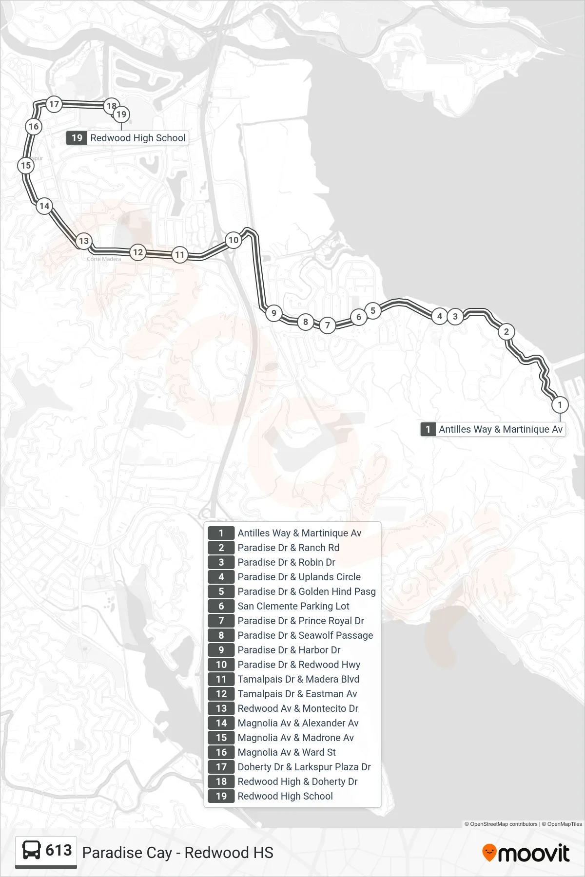 613 bus Line (Redwood Hs) route and stops on a map