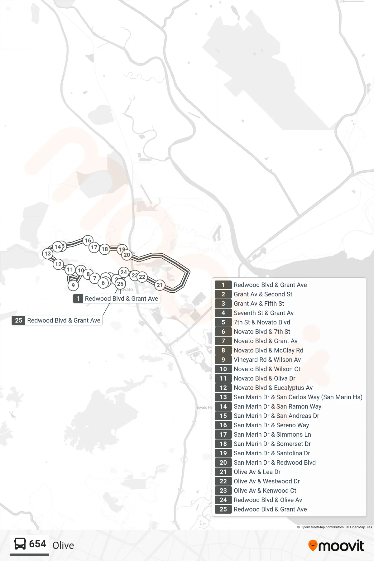 654 bus Line (Olive) route and stops on a map