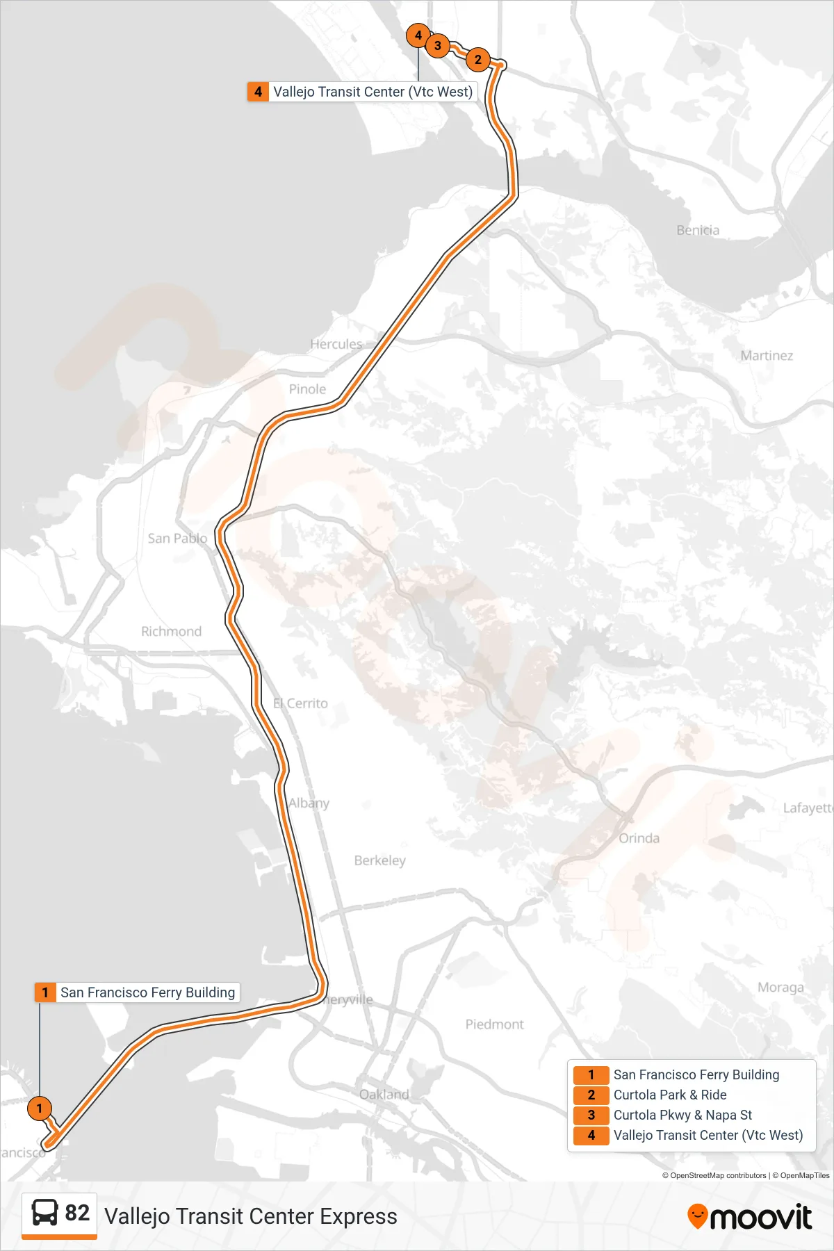 82 bus Line (Vallejo Transit Center Express) route and stops on a map