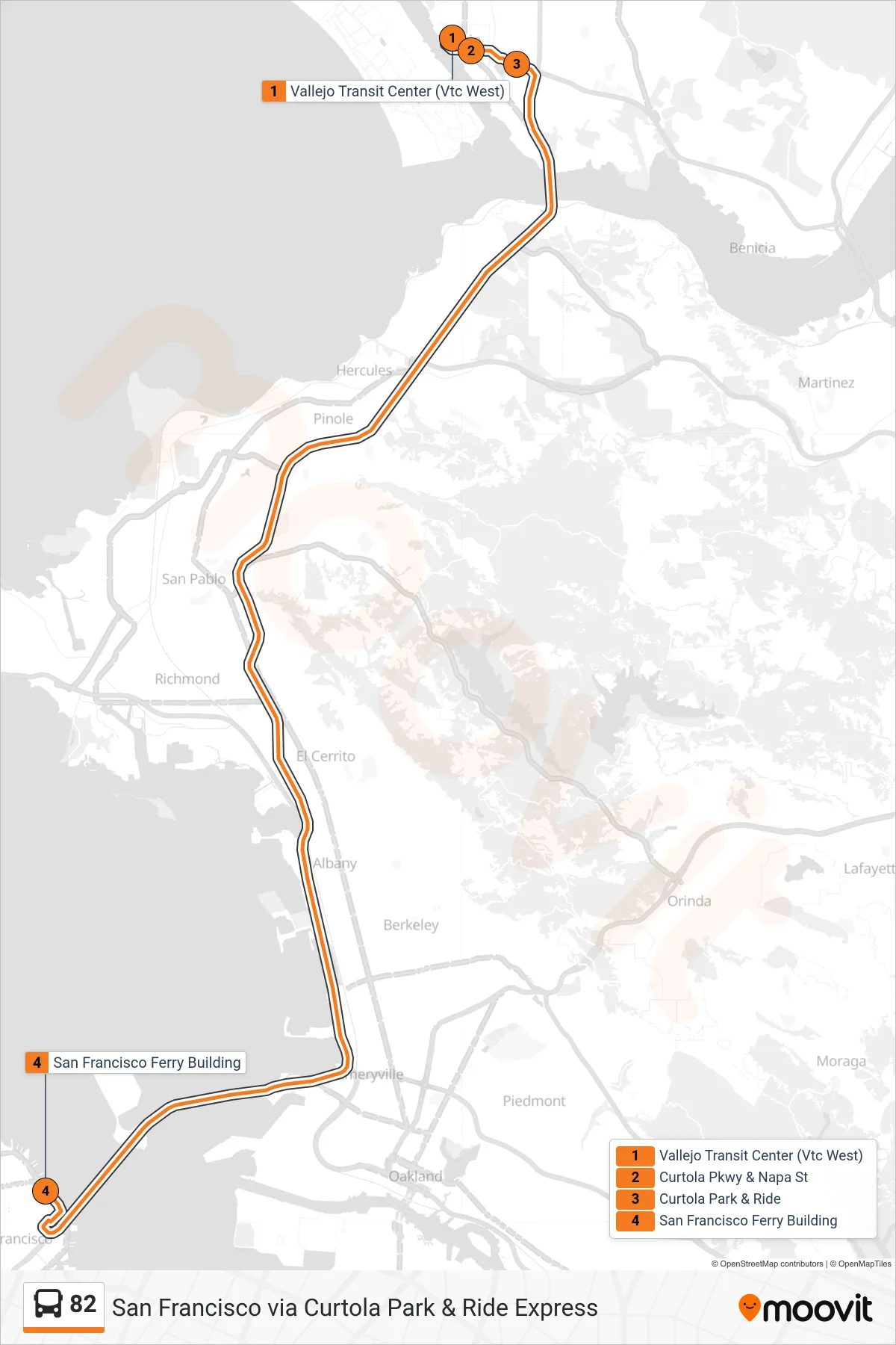 82 bus Line (San Francisco via Curtola Park & Ride Express) route and stops on a map