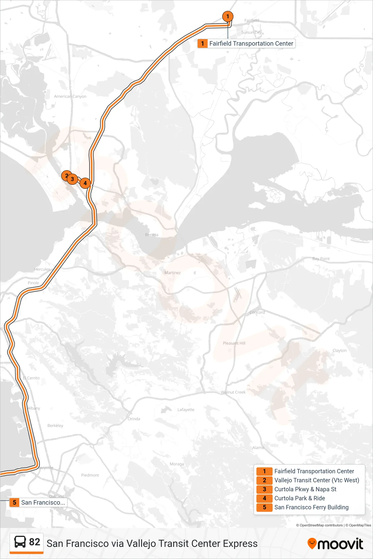 82 bus Line (San Francisco via Vallejo Transit Center Express) route and stops on a map