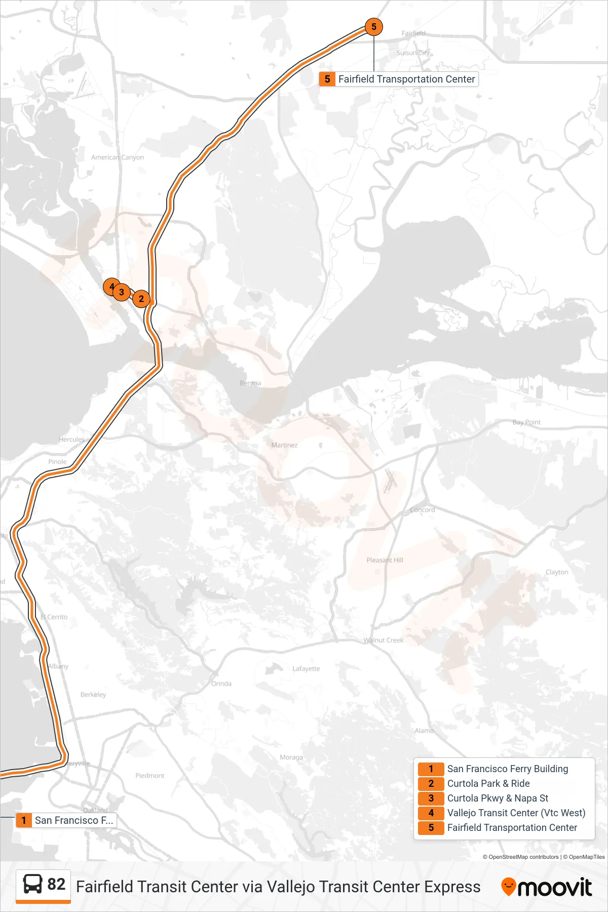 82 bus Line (Fairfield Transit Center via Vallejo Transit Center Express) route and stops on a map