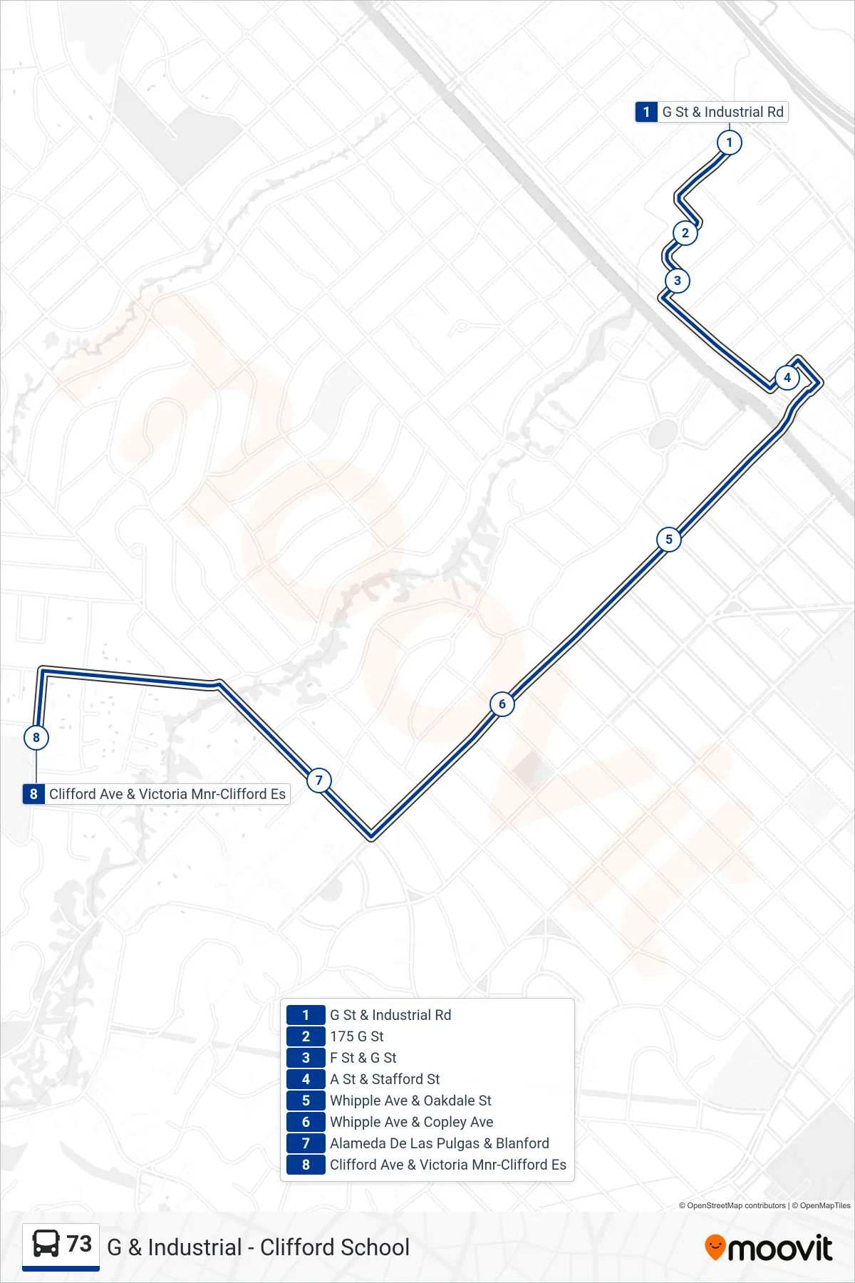 73 bus Line (Clifford School) route and stops on a map
