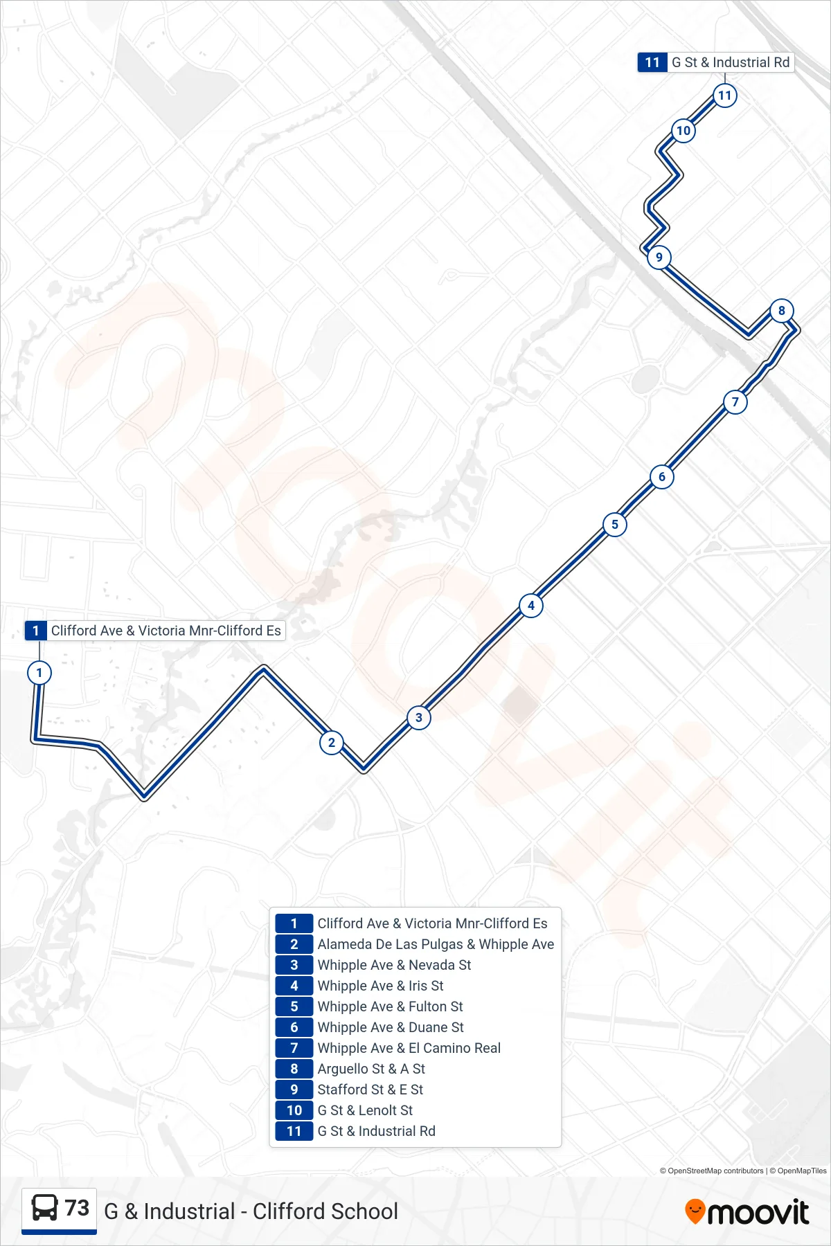 73 bus Line (Redwood City) route and stops on a map