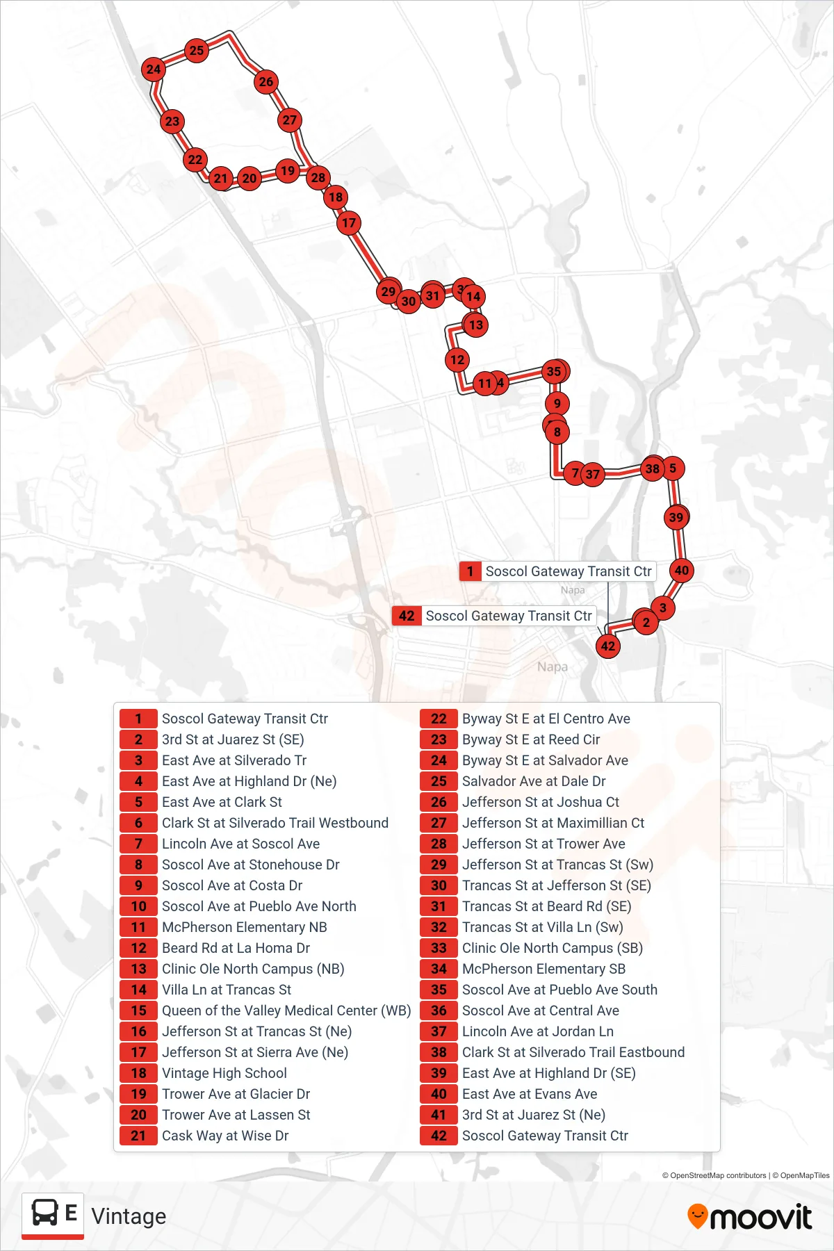 E bus Line (Vintage) route and stops on a map
