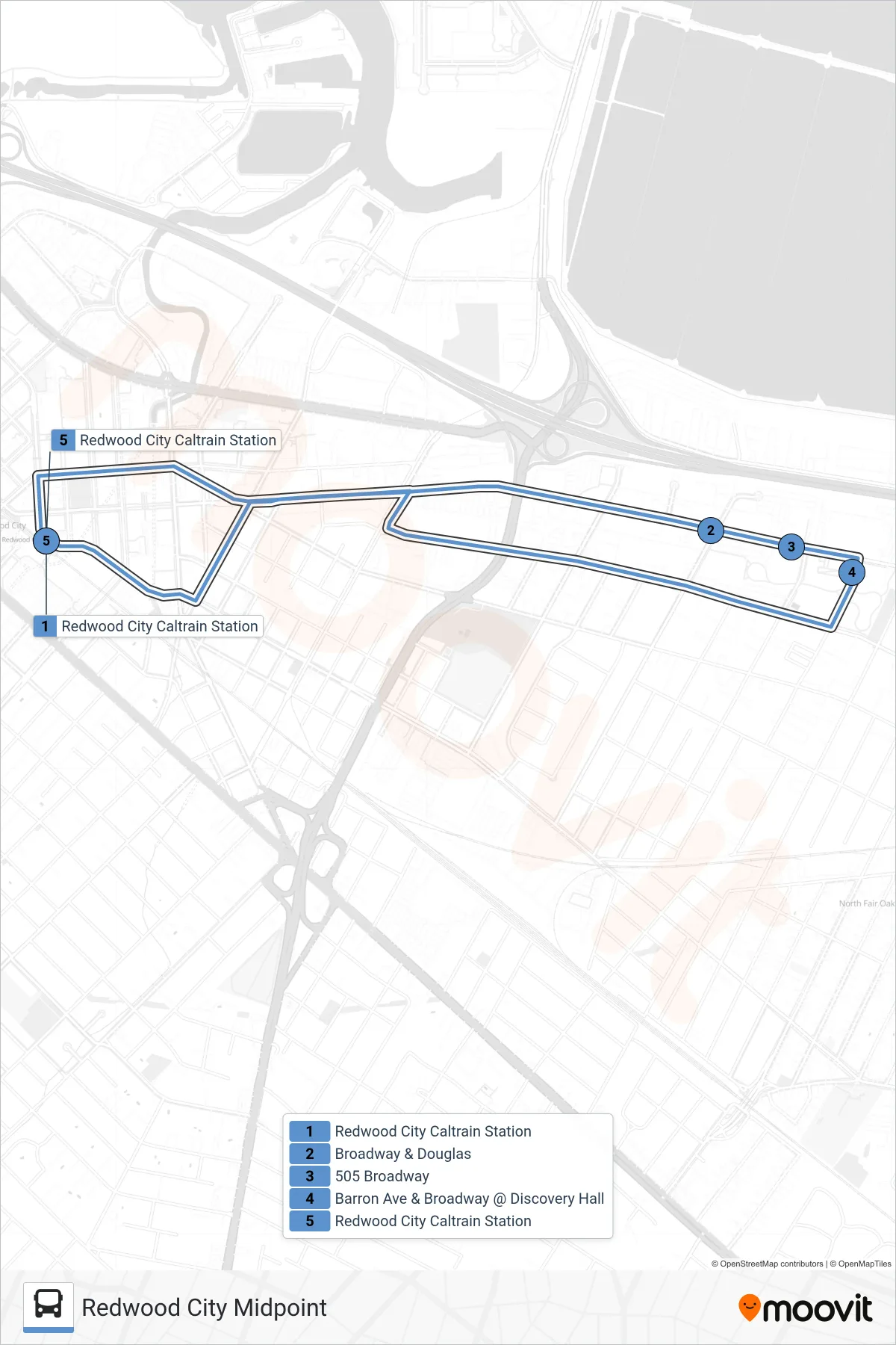 MPT SHUTTLE bus Line (Redwood City Caltrain Station) route and stops on a map