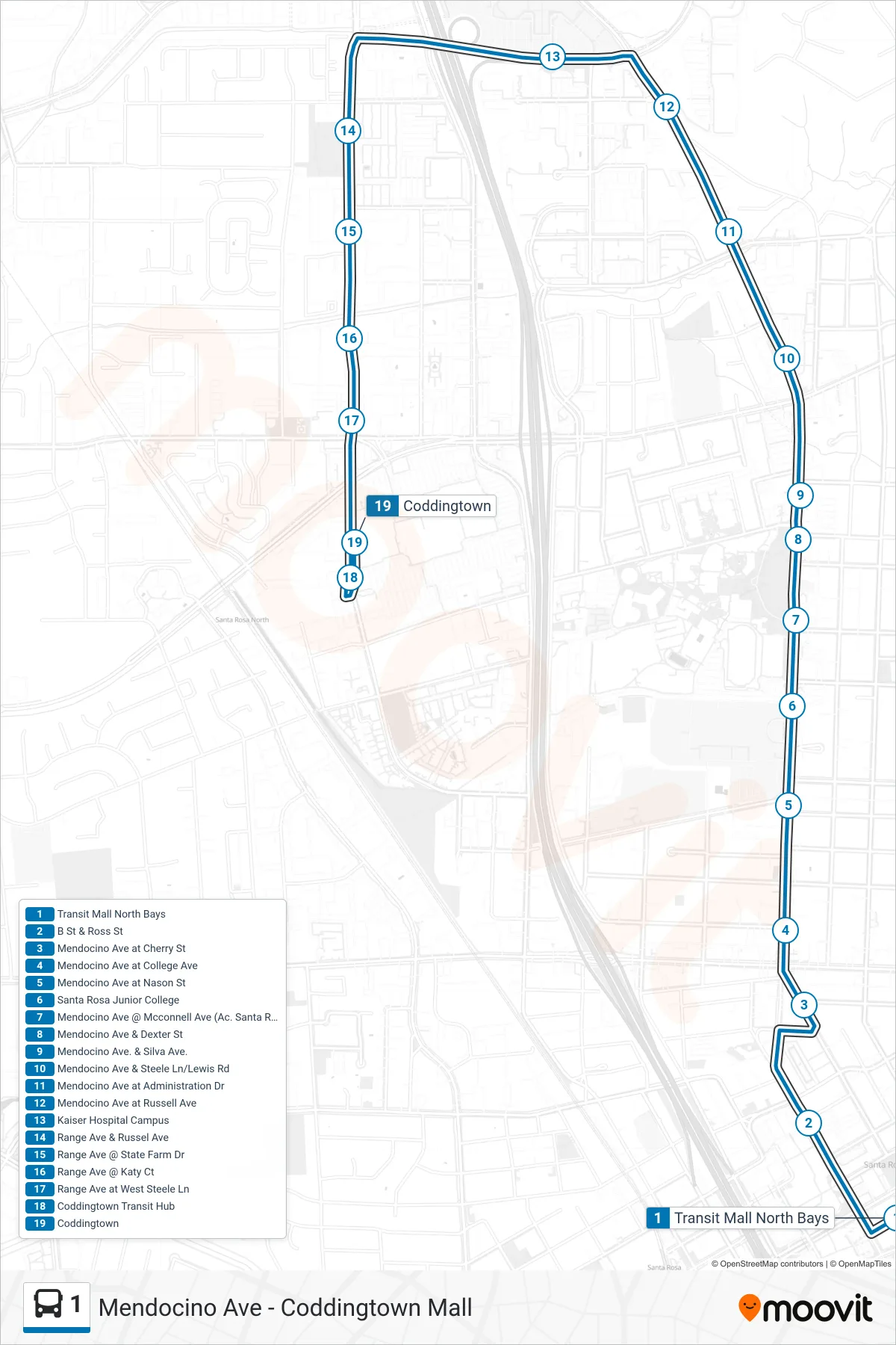 1 bus Line (Mendocino Ave - Coddingtown Mall) route and stops on a map