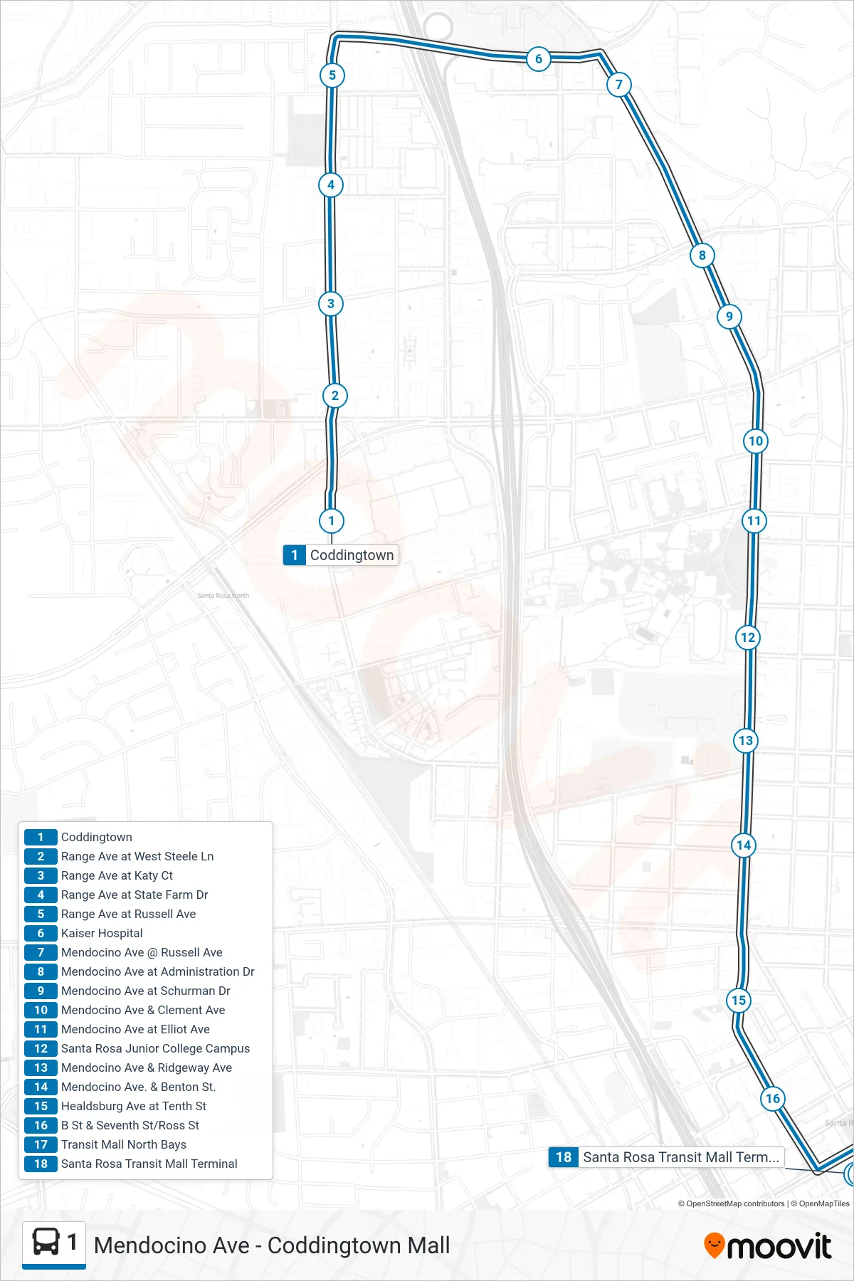 1 bus Line (Mendocino Ave - Coddingtown Mall) route and stops on a map
