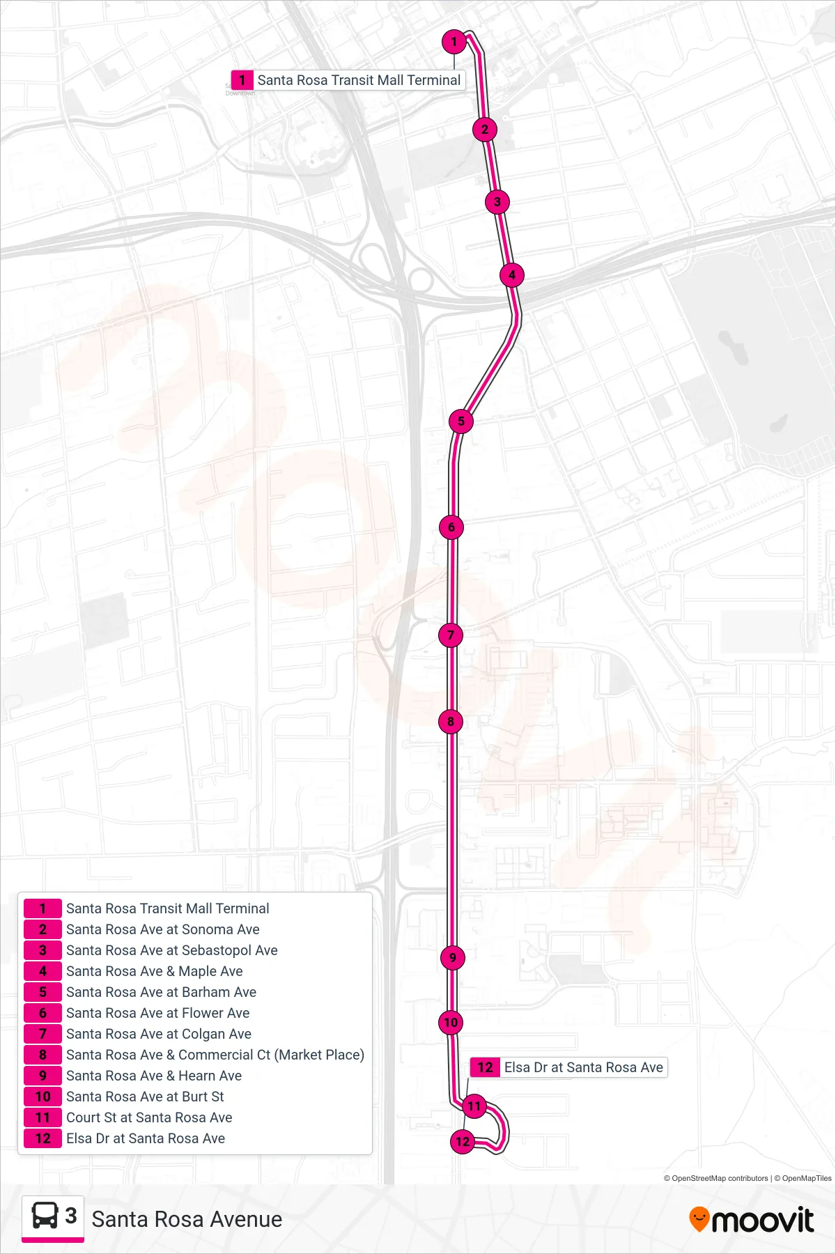 3 bus Line (Santa Rosa Avenue) route and stops on a map