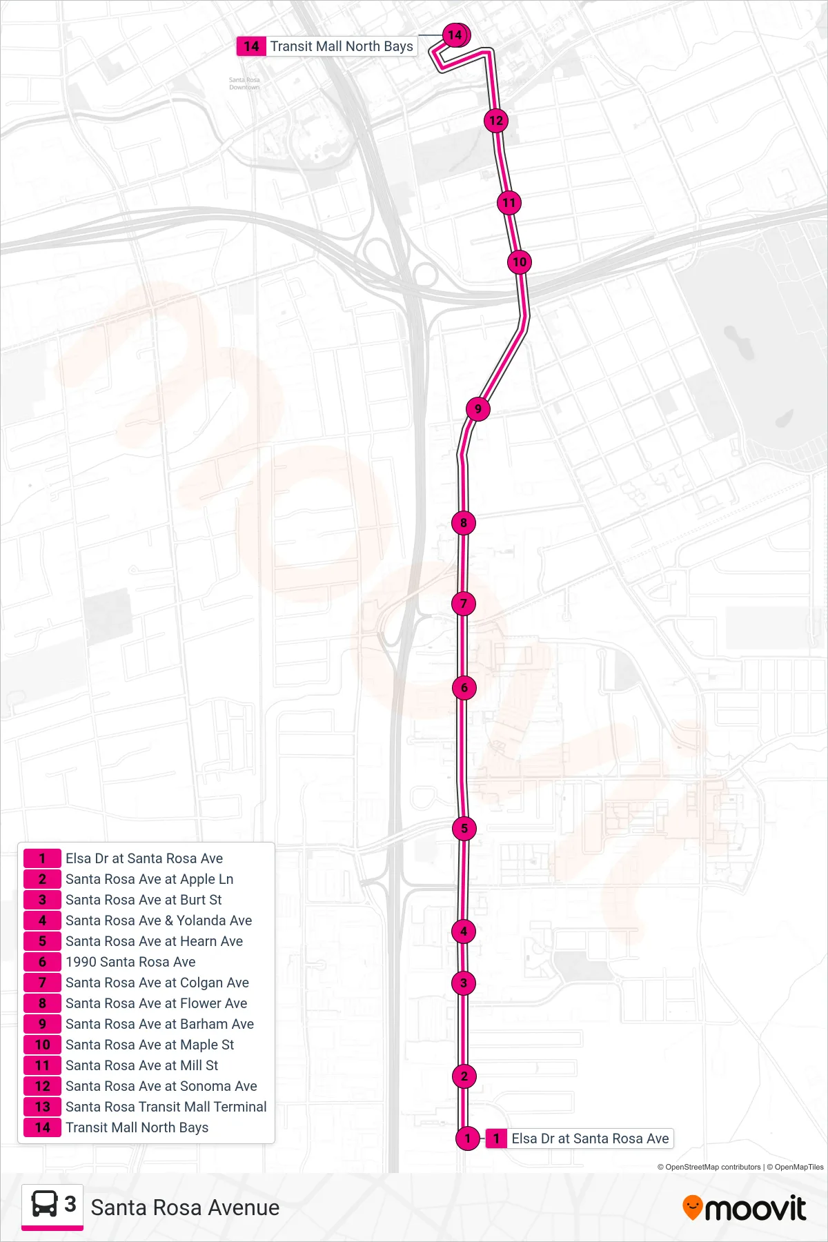 3 bus Line (Santa Rosa Avenue) route and stops on a map