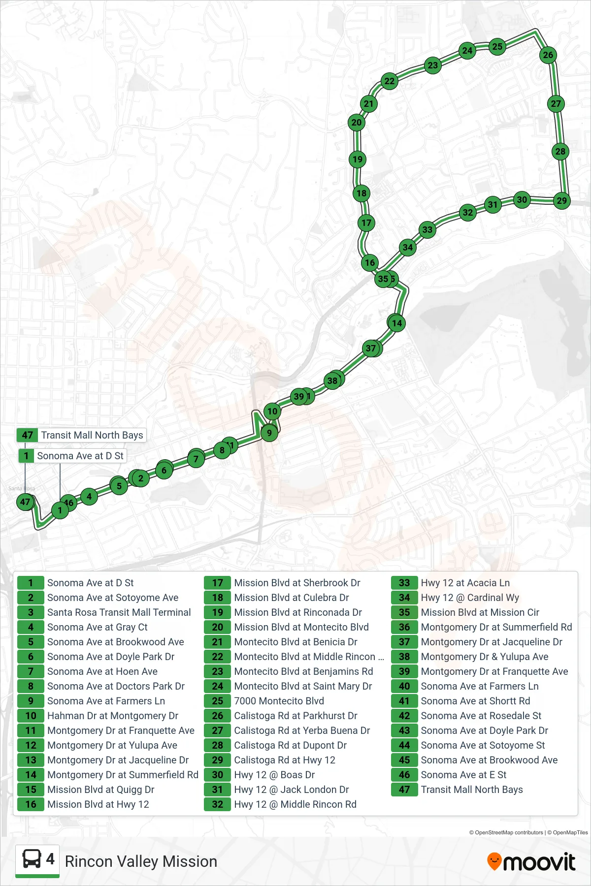 4 bus Line (Rincon Valley Mission) route and stops on a map