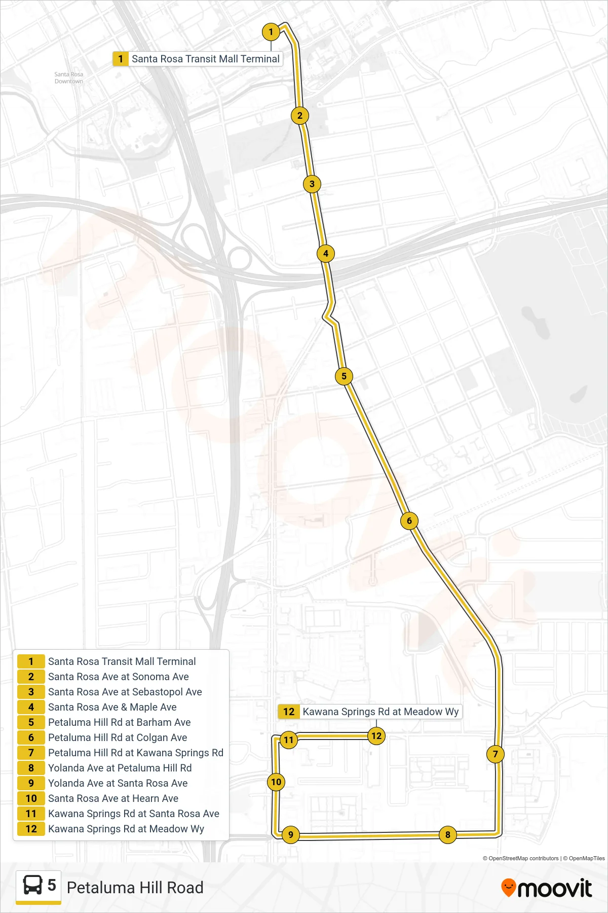 5 bus Line (Petaluma Hill Road) route and stops on a map