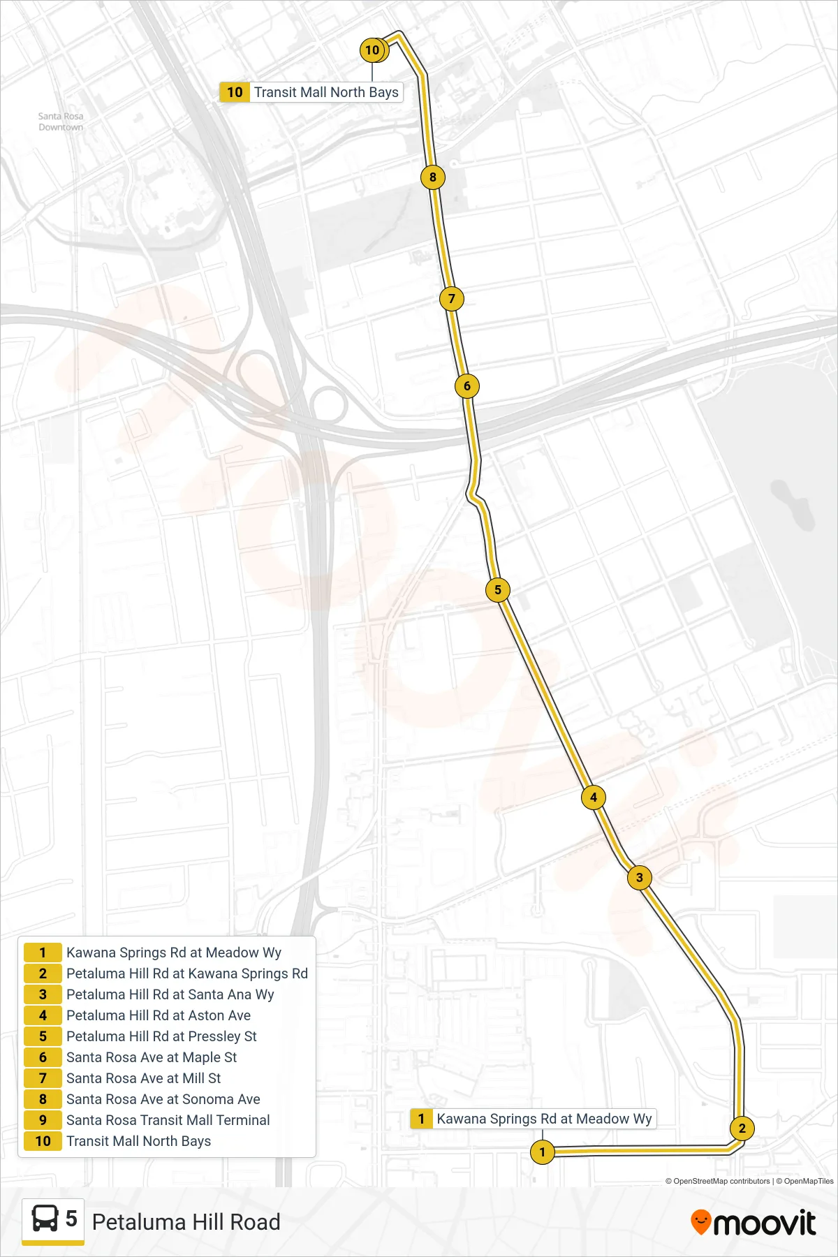 5 bus Line (Petaluma Hill Road) route and stops on a map