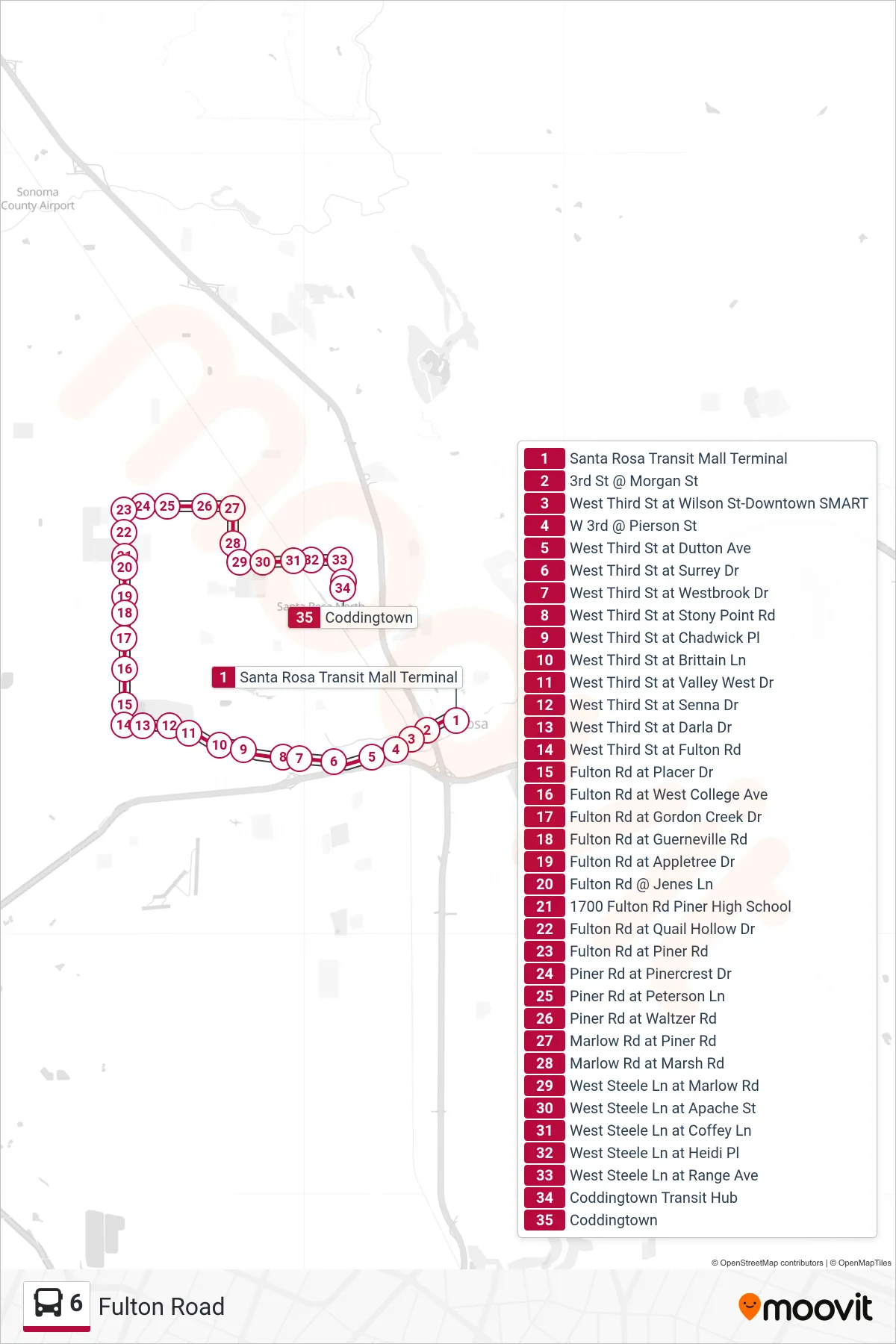 6 bus Line (Fulton Road) route and stops on a map