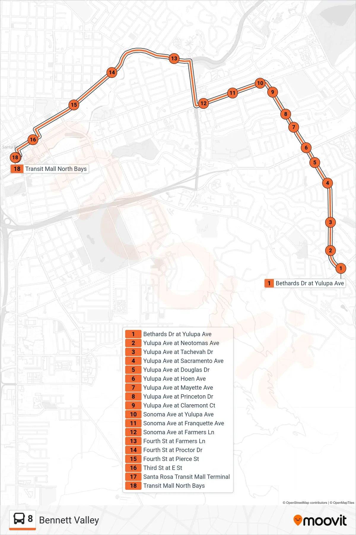 8 bus Line (Bennett Valley) route and stops on a map