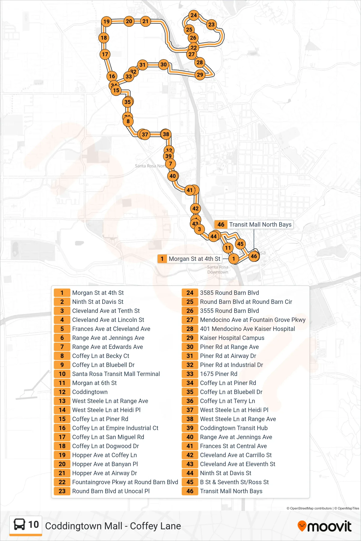 10 bus Line (Coddingtown Mall - Coffey Lane) route and stops on a map