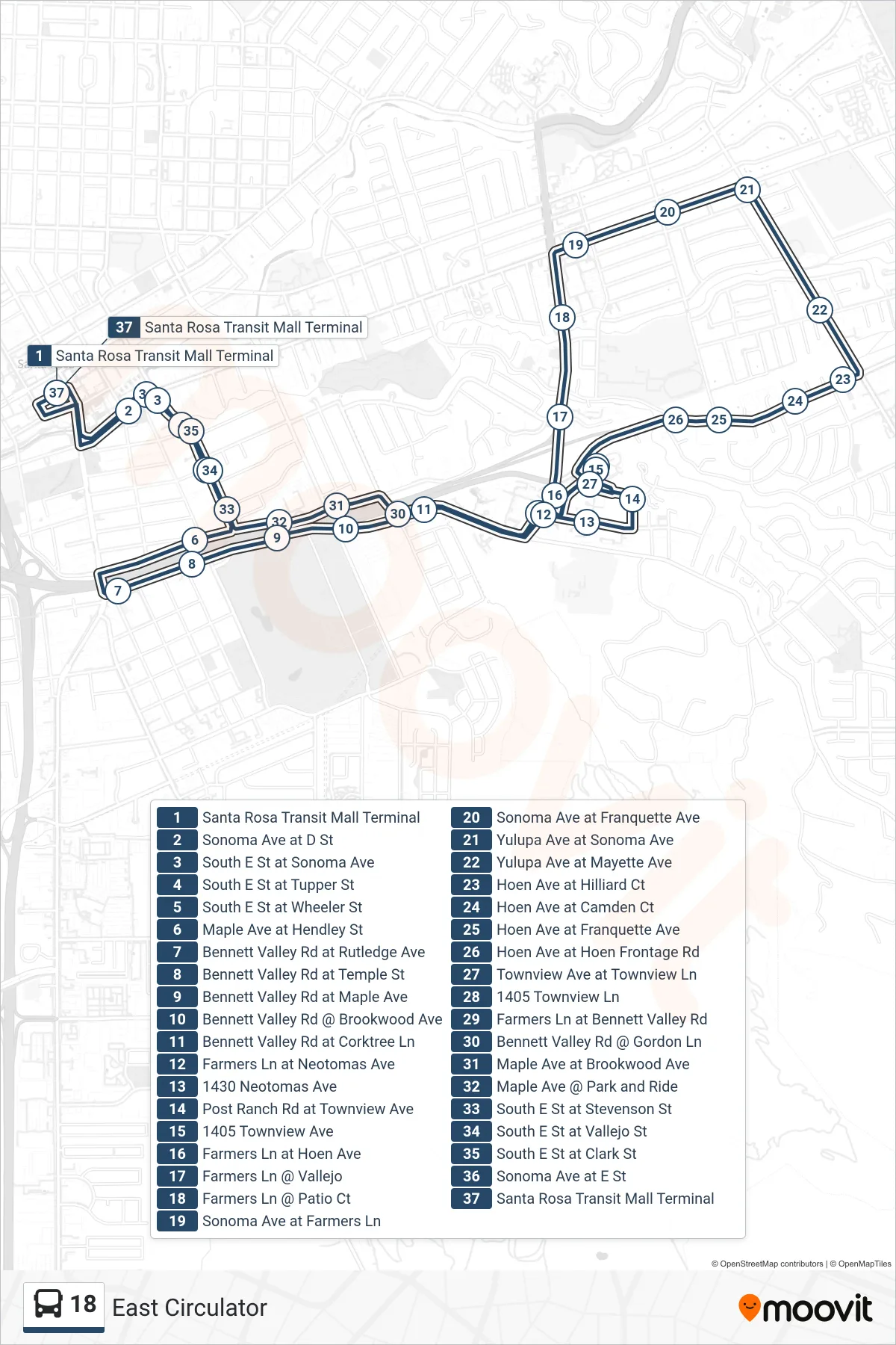 18 bus Line (East Circulator) route and stops on a map