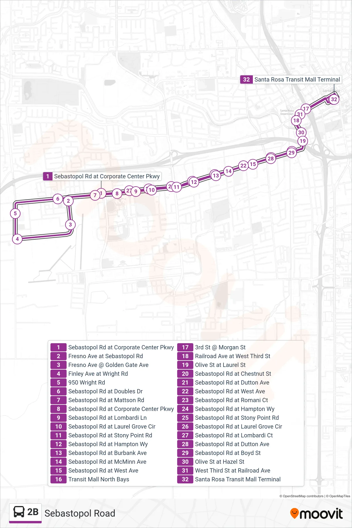 2B bus Line (Sebastopol Road) route and stops on a map