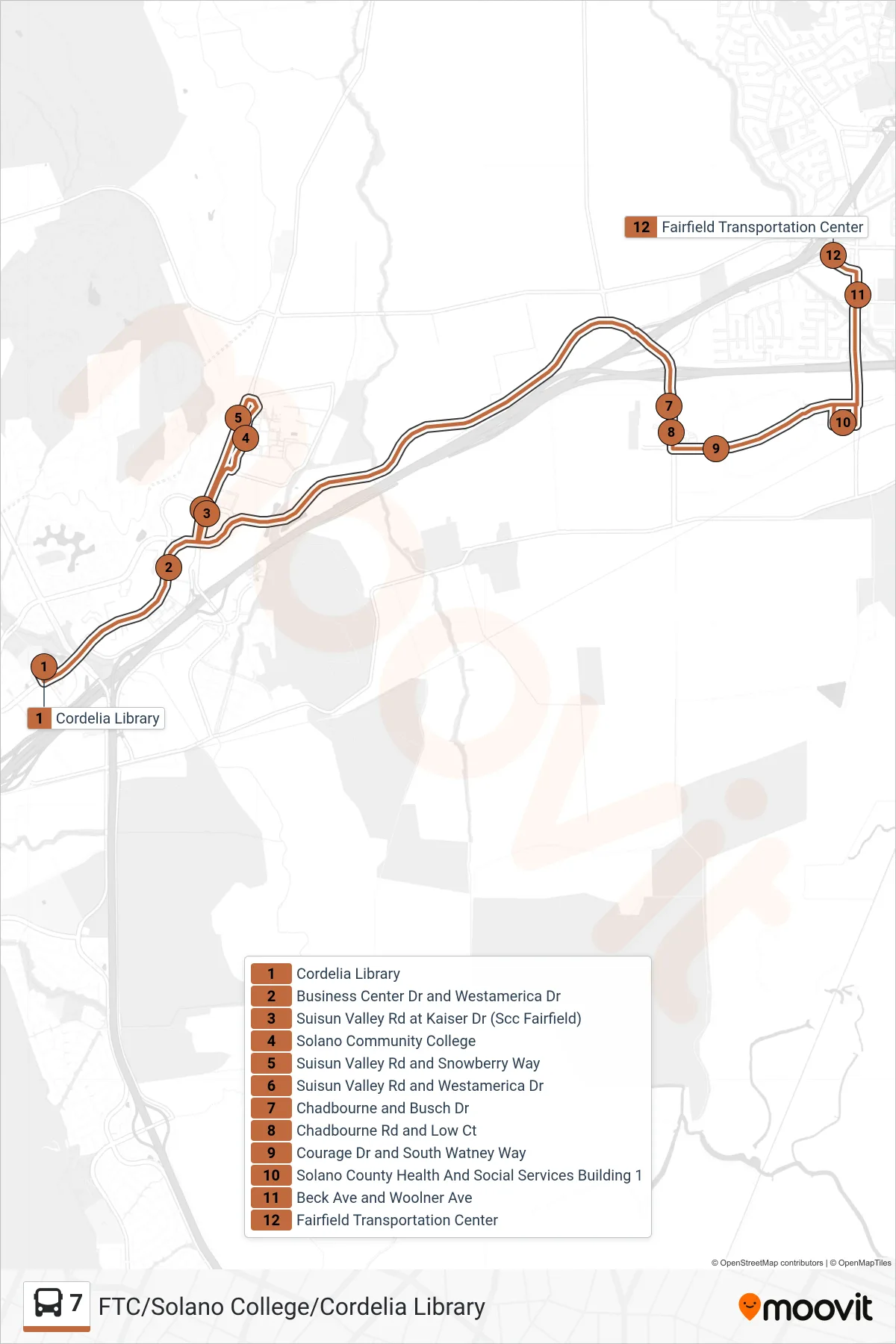 7 bus Line (Fairfield Transportation Center) route and stops on a map