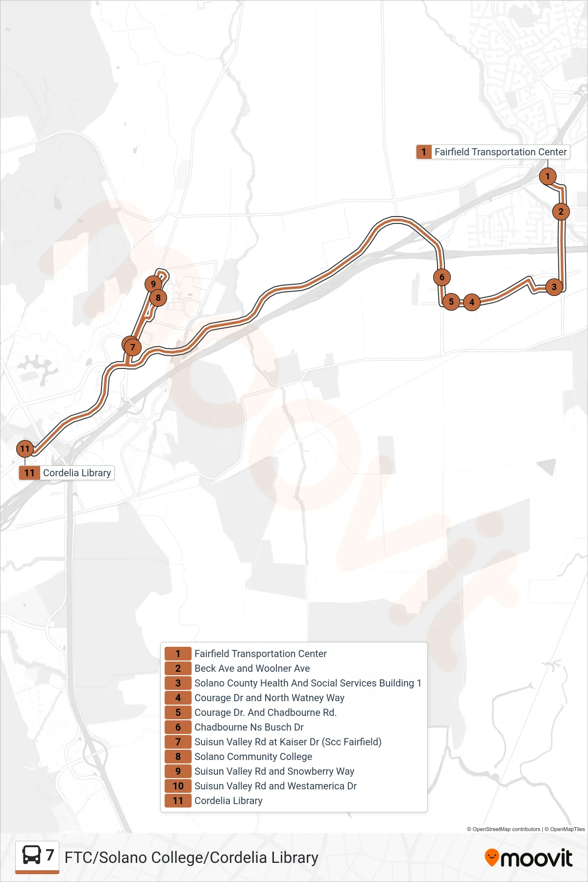 7 bus Line (Cordelia Library) route and stops on a map