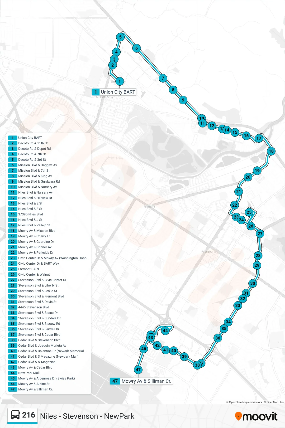 216 bus Line (Silliman Center) route and stops on a map