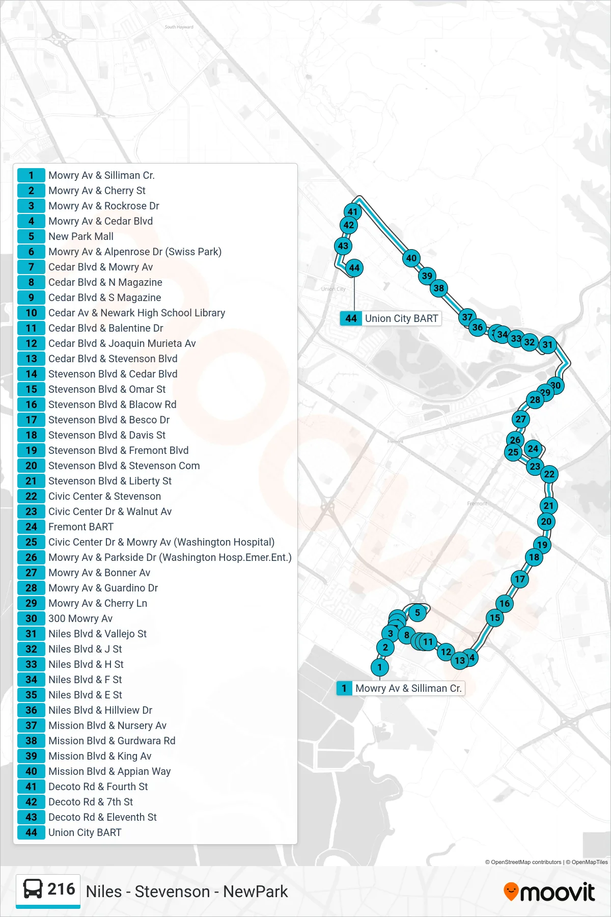 216 bus Line (Union City BART) route and stops on a map