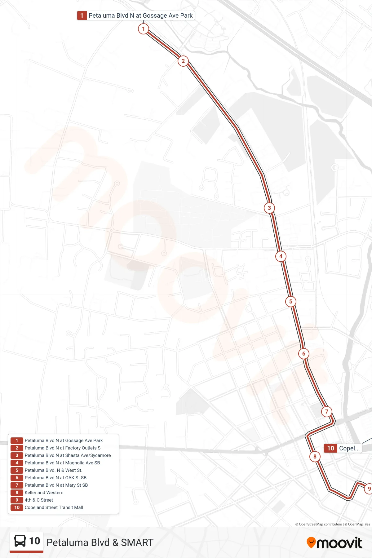 10 bus Line (Petaluma Blvd N/Downtown/Smart) route and stops on a map