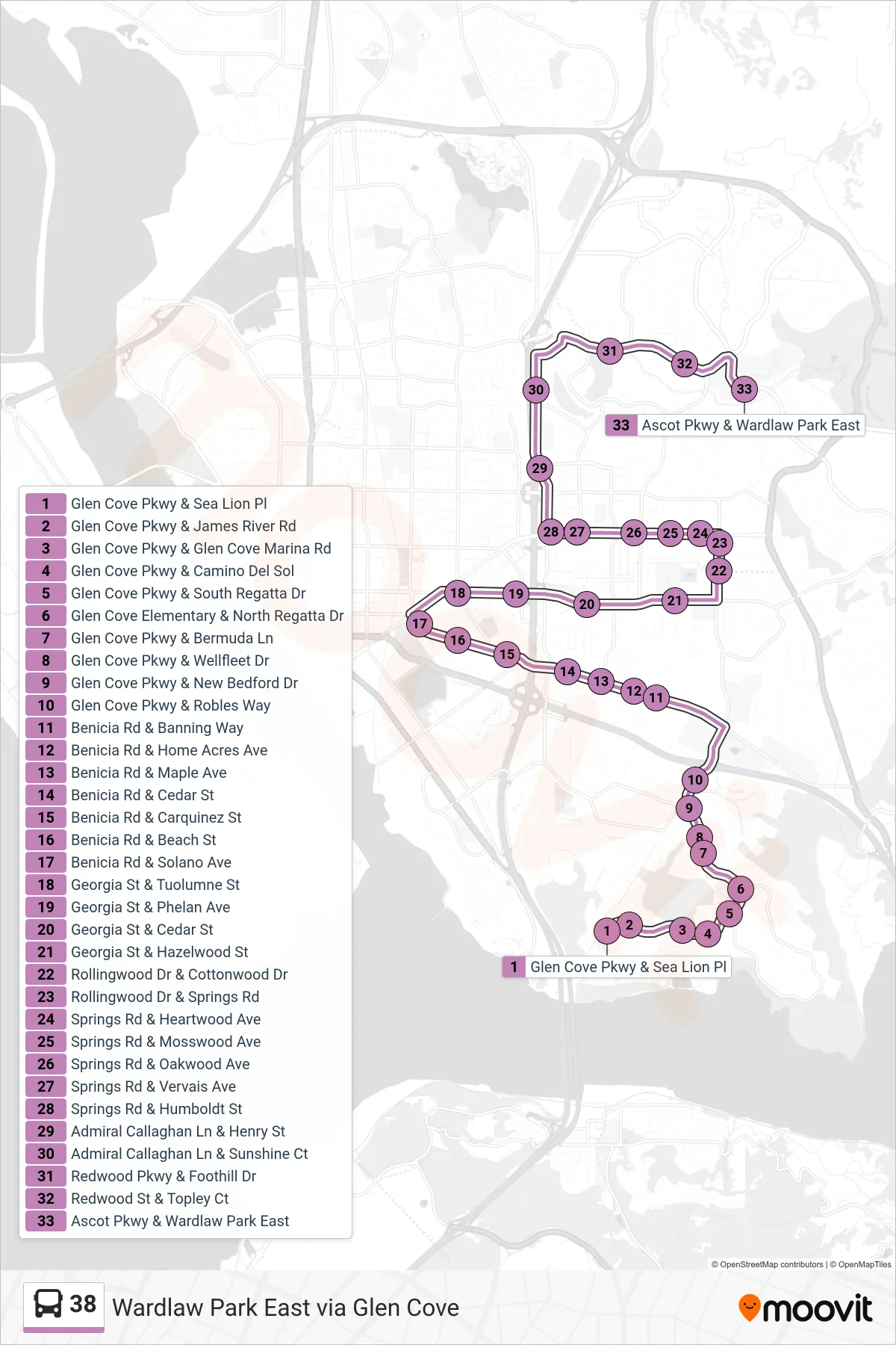 38 bus Line (Wardlaw Park East via Glen Cove) route and stops on a map