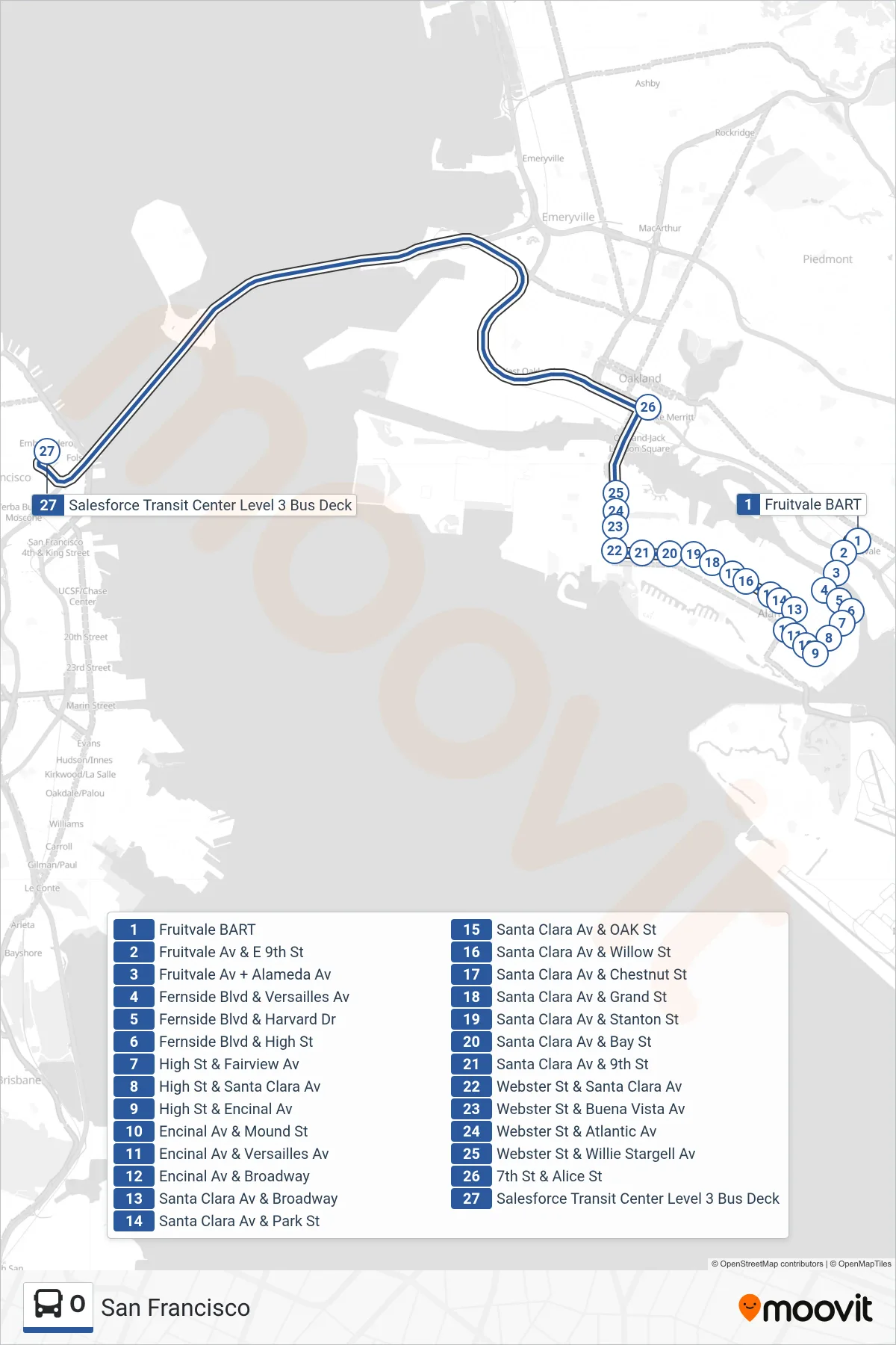 O bus Line (San Francisco) route and stops on a map