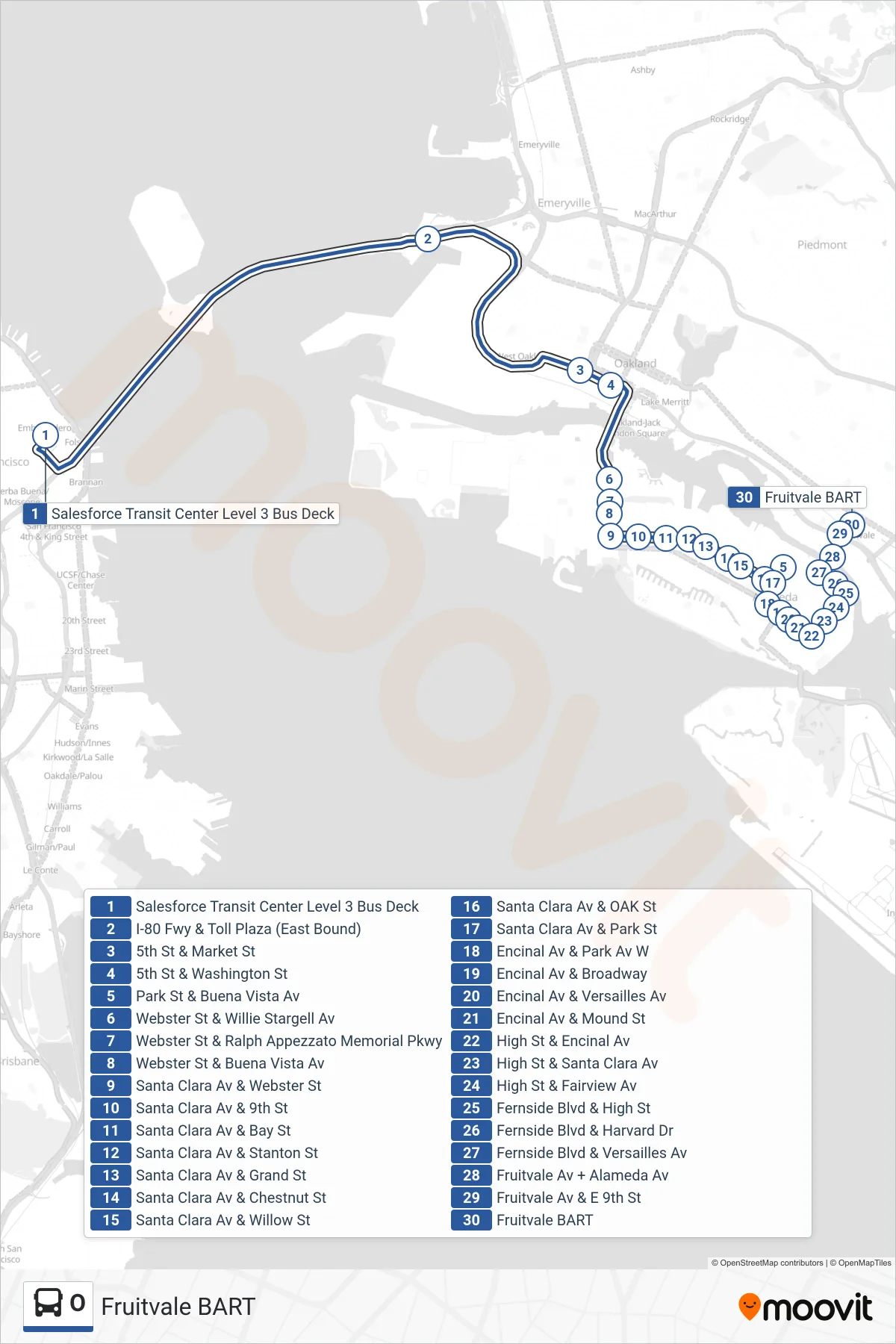 O bus Line (Fruitvale BART) route and stops on a map