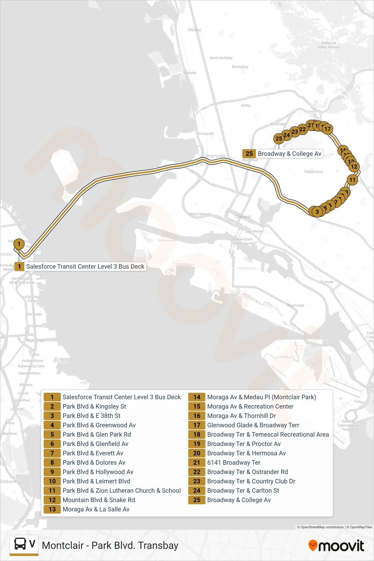 V bus Line (College Ave. & Broadway) route and stops on a map