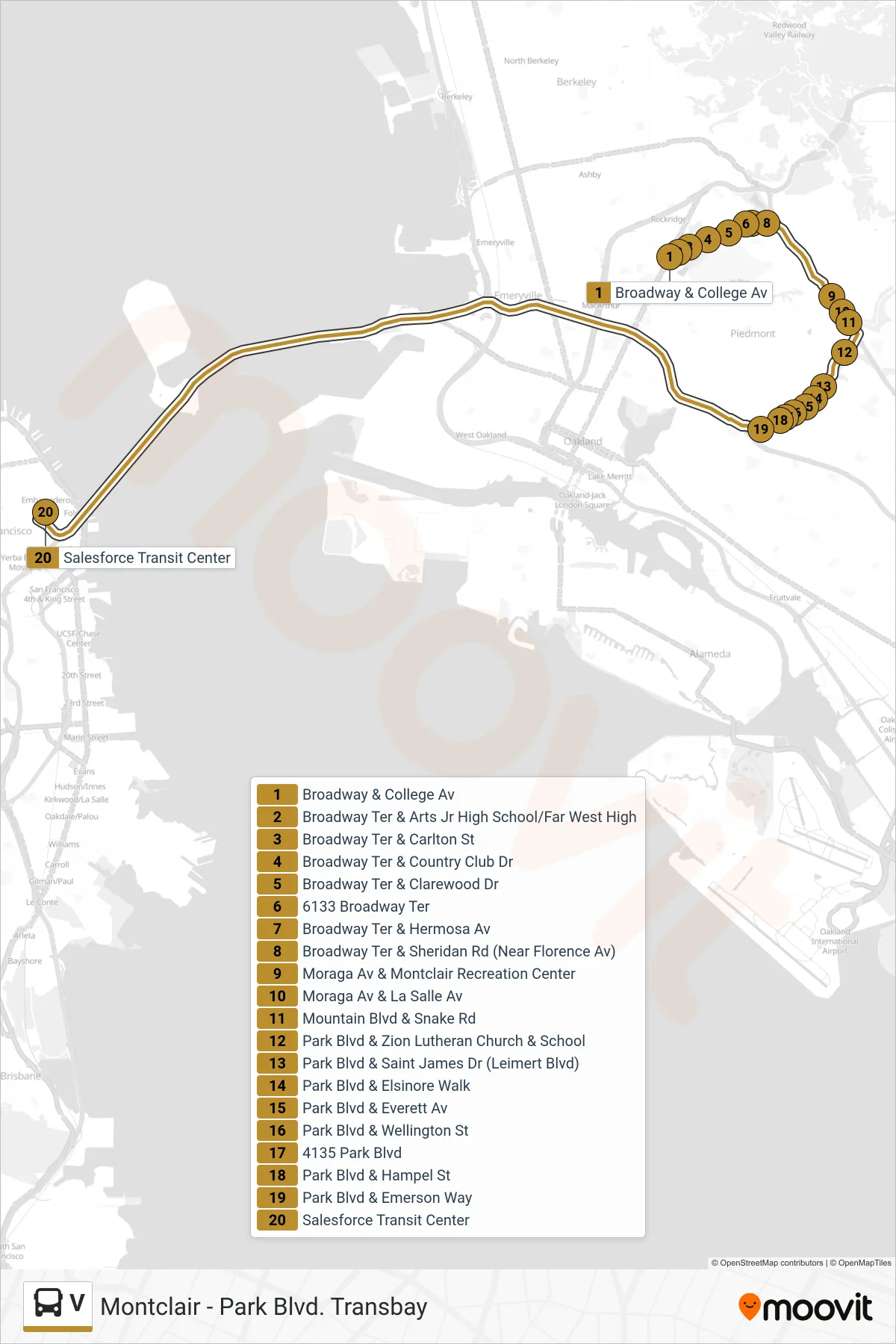 V bus Line (San Francisco) route and stops on a map