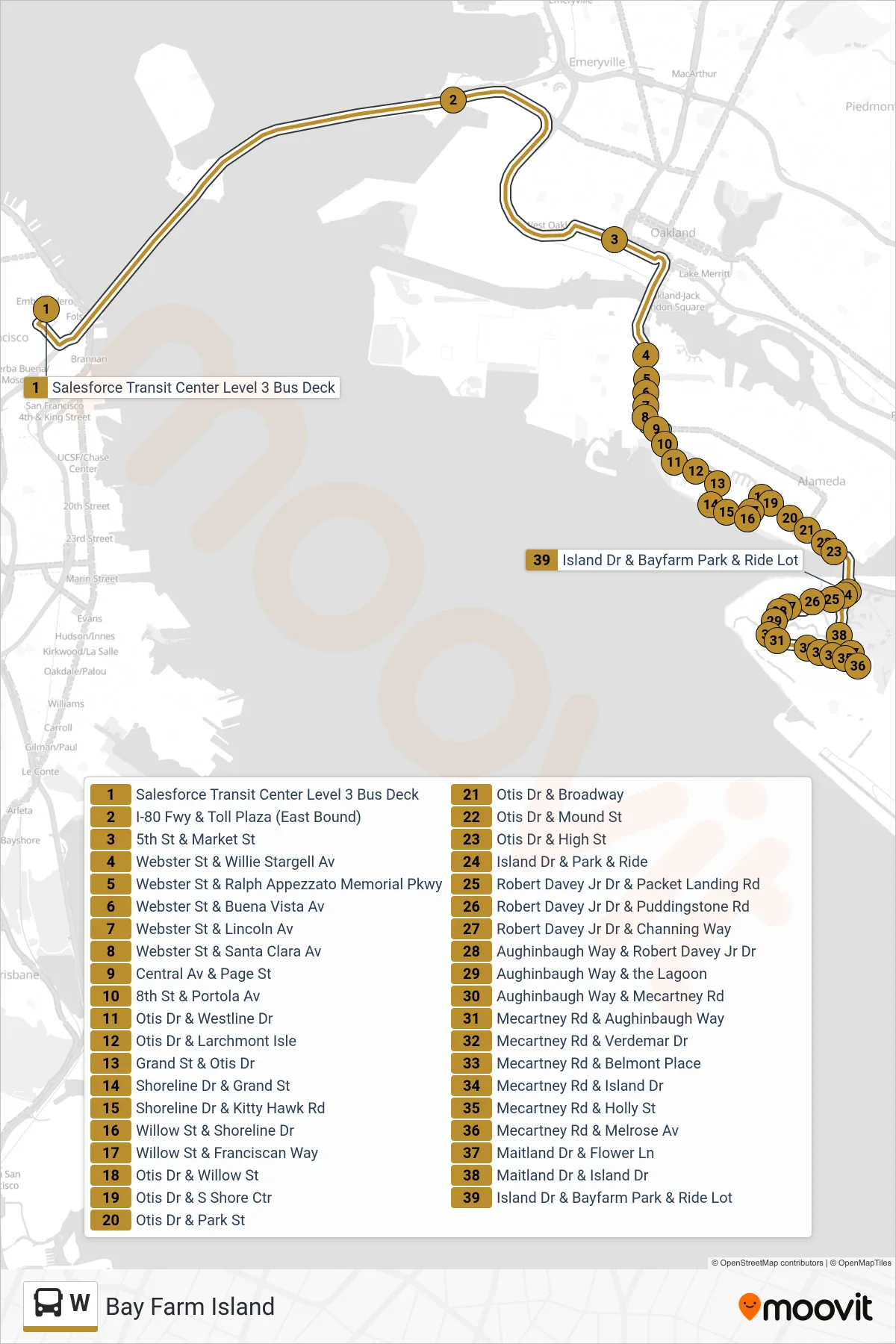 W bus Line (Bay Farm Island) route and stops on a map