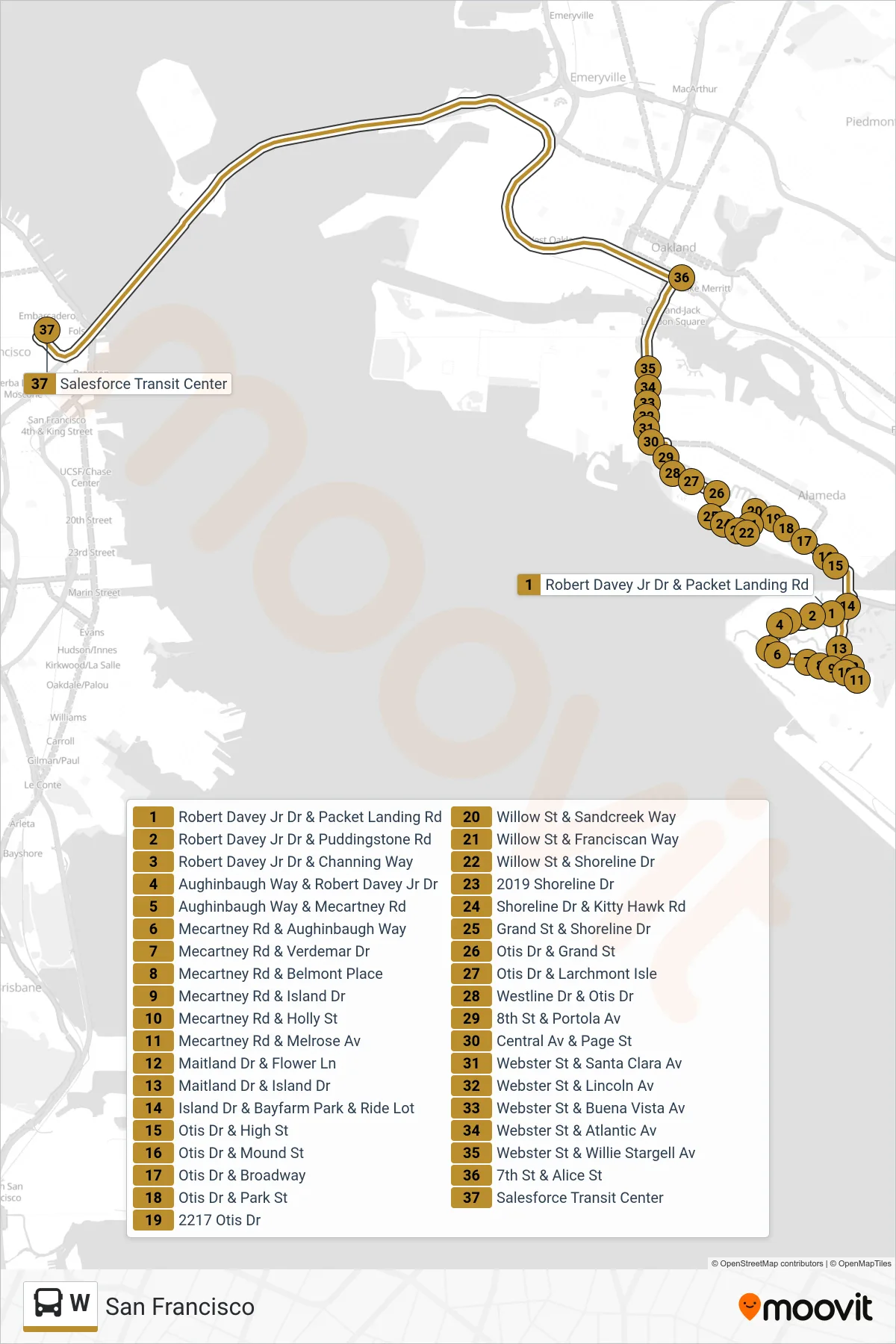 W bus Line (San Francisco) route and stops on a map