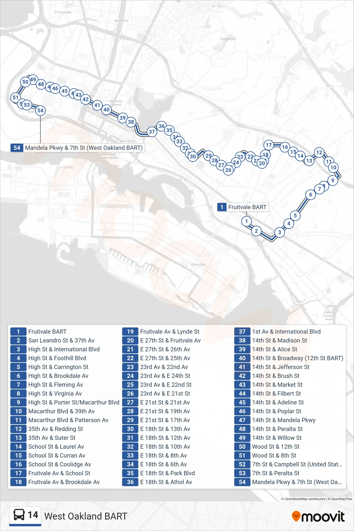 14 bus Line (West Oakland BART) route and stops on a map