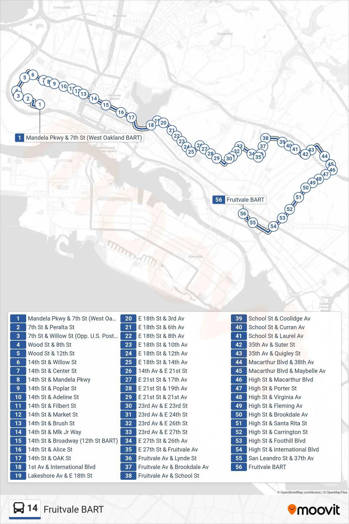 14 bus Line (Fruitvale BART) route and stops on a map