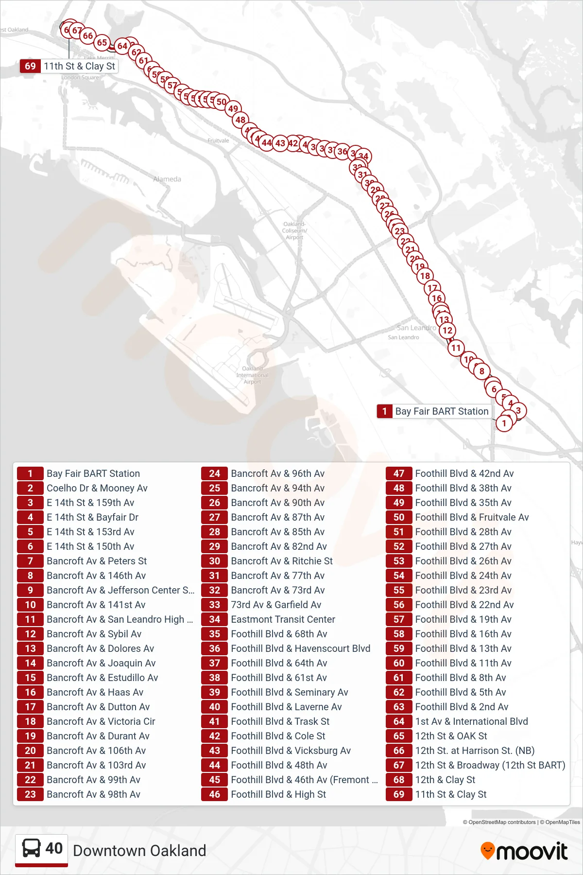 40 bus Line (Downtown Oakland) route and stops on a map