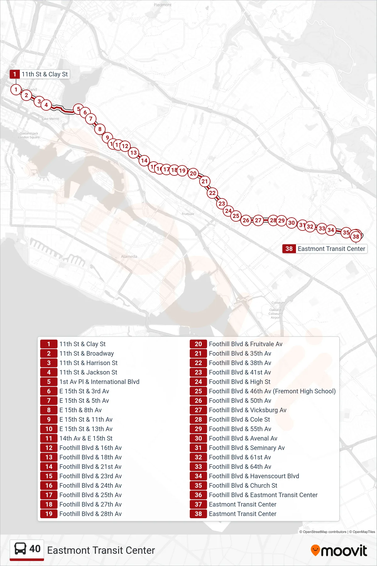 40 bus Line (Eastmont Transit Center) route and stops on a map