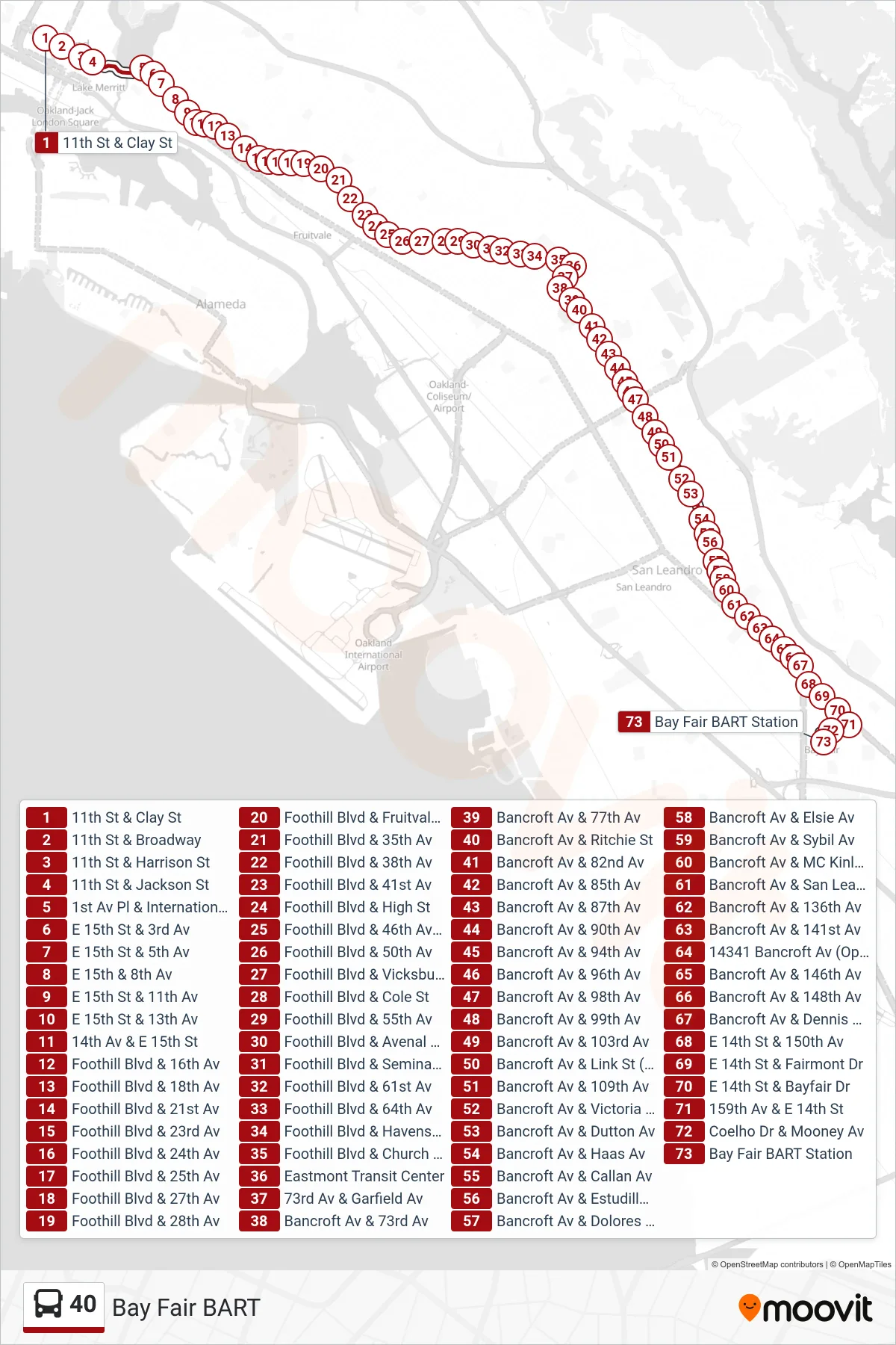 40 bus Line (Bay Fair BART) route and stops on a map